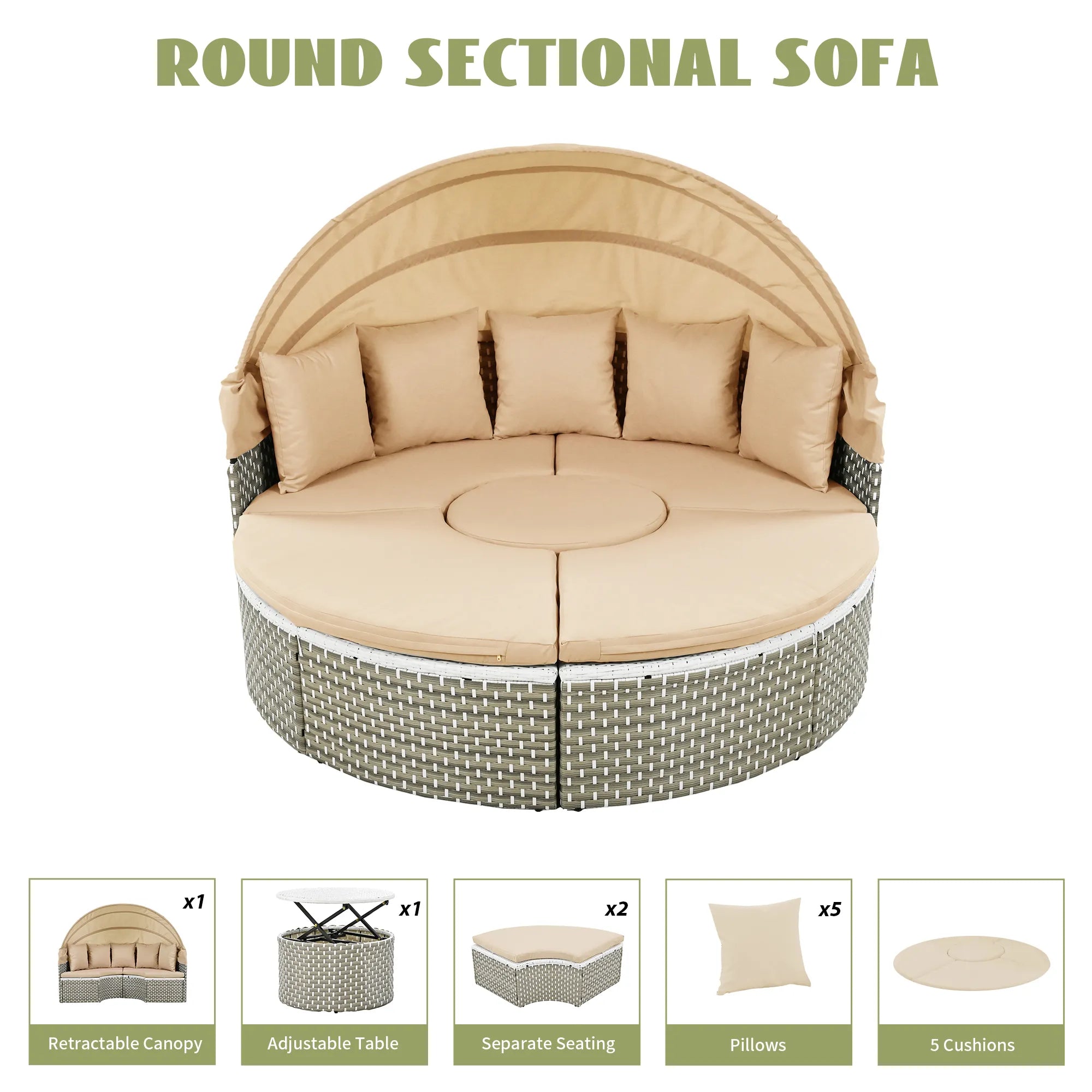 Round Rattan Outdoor Patio Sectional Sofa Set with Retractable Canopy