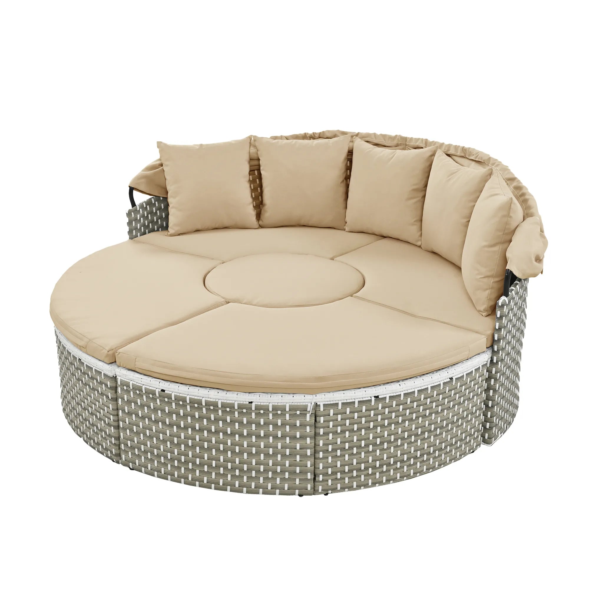 Round Rattan Outdoor Patio Sectional Sofa Set with Retractable Canopy