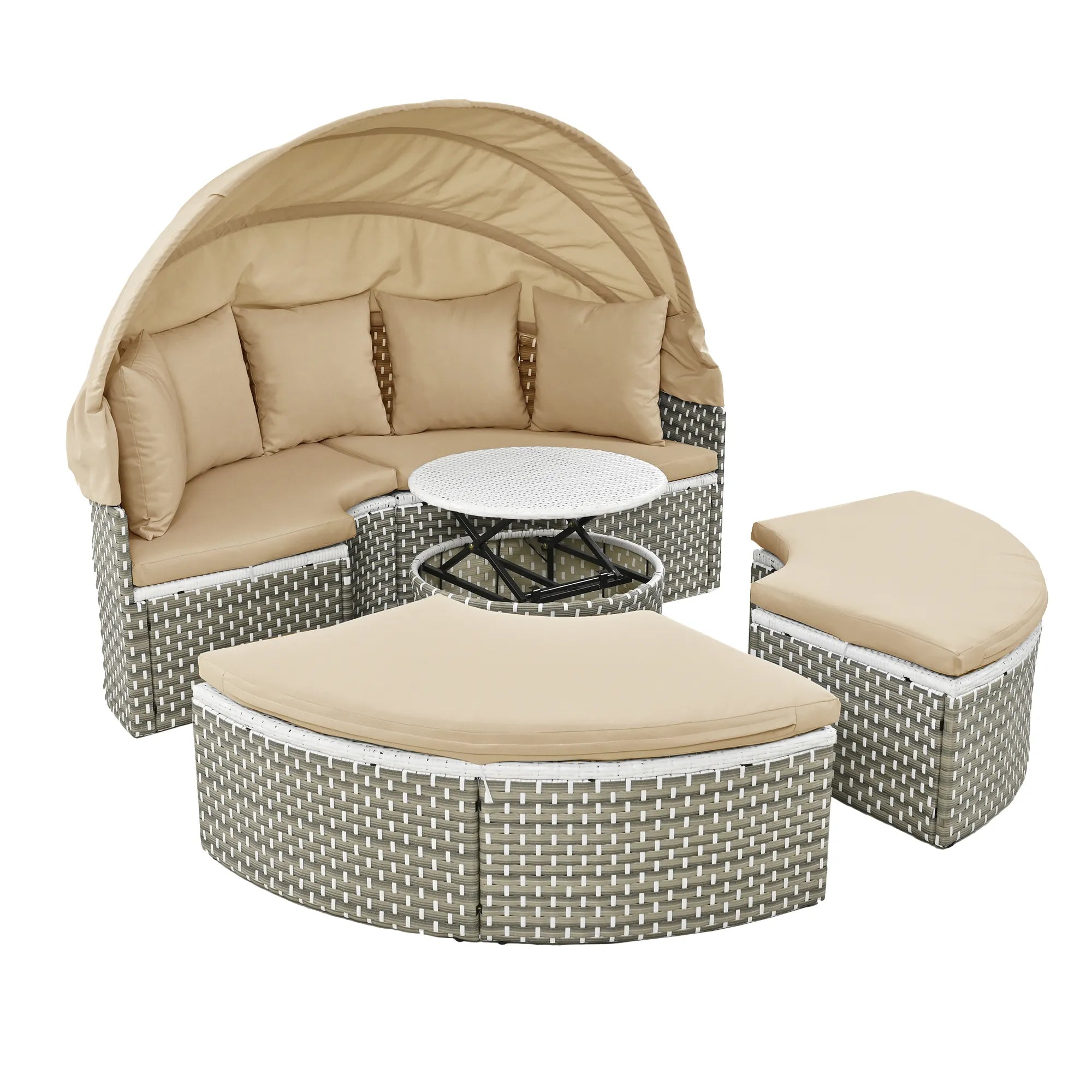 Round Rattan Outdoor Patio Sectional Sofa Set with Retractable Canopy