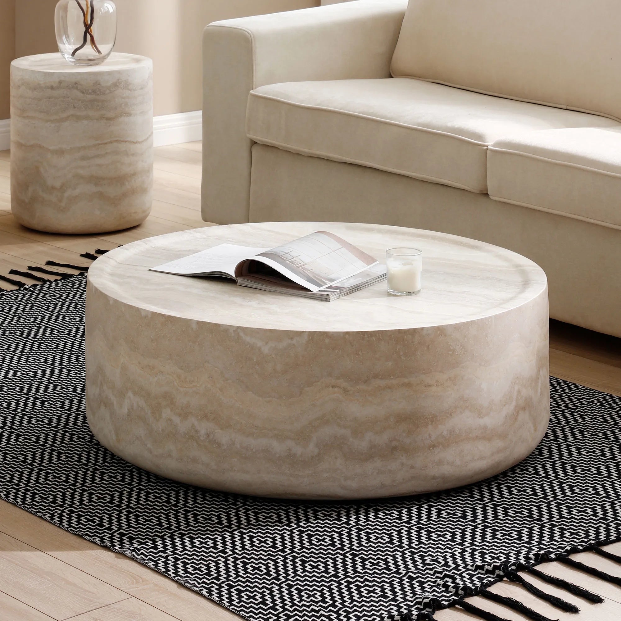 Round Textured Faux Marble Pattern Coffee Table