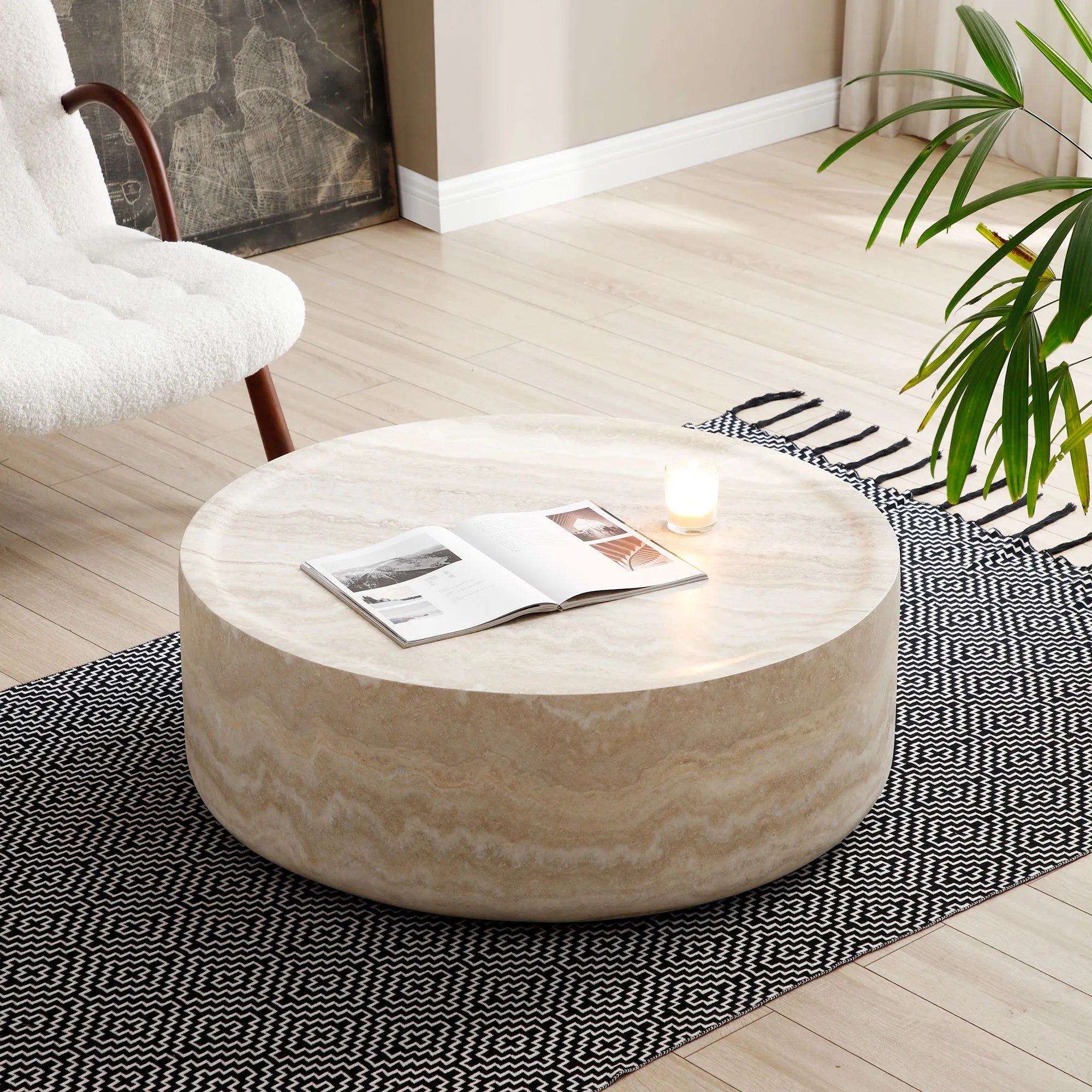 Round Textured Faux Marble Pattern Coffee Table