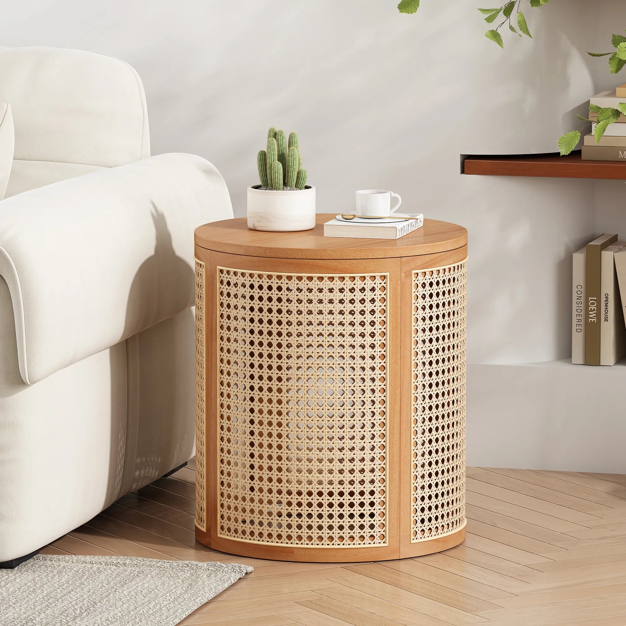 Round Woven Rattan End Table with Storage