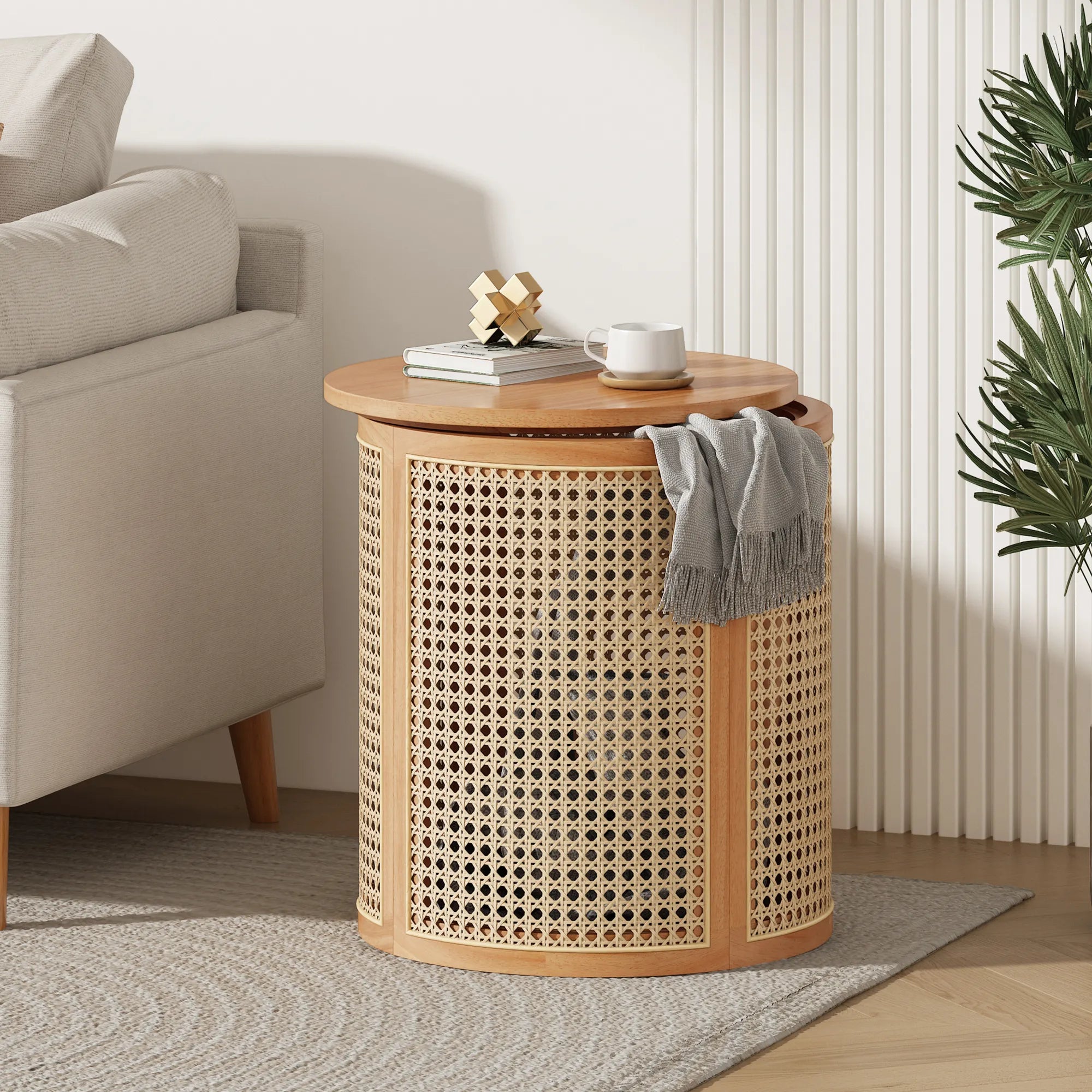 Round Woven Rattan End Table with Storage