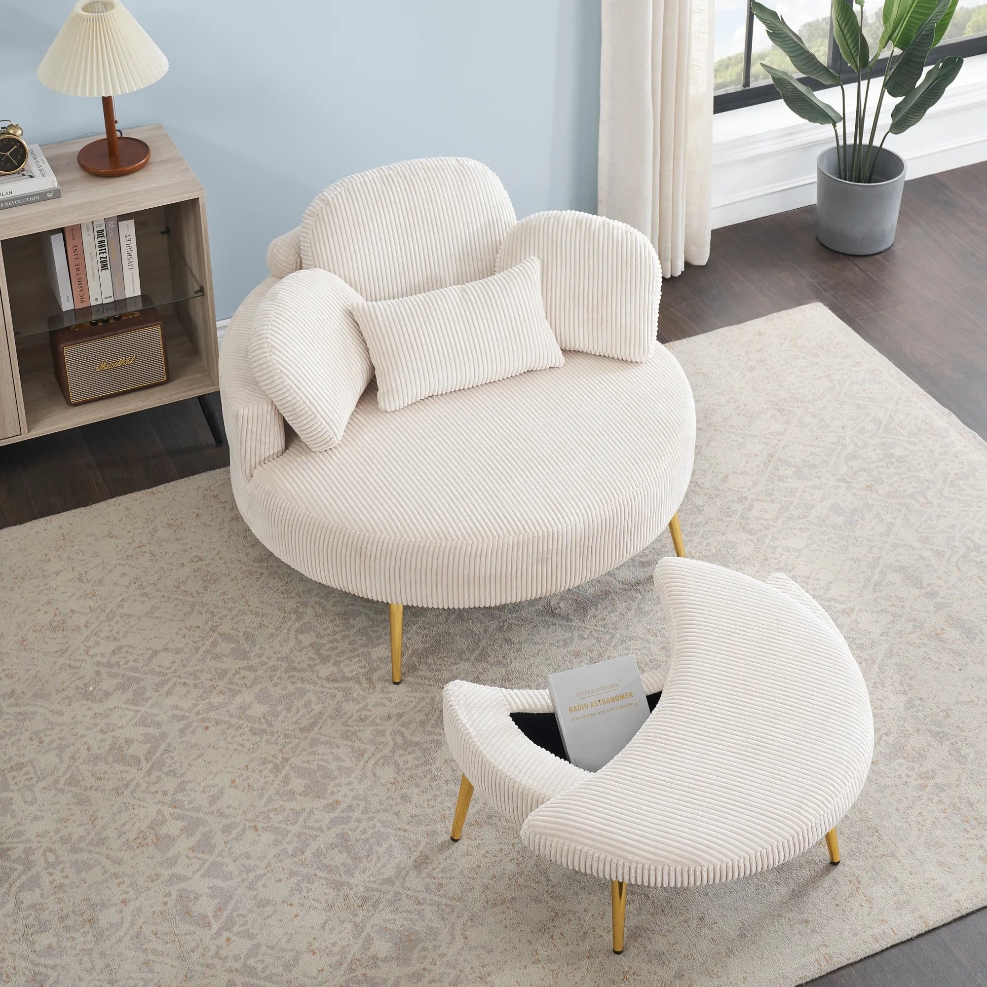 Round Comfy Accent Chair with Half Moon Ottoman