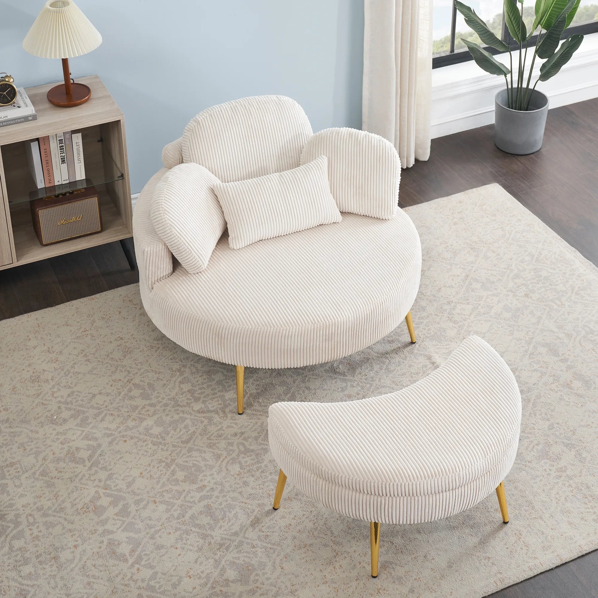 Round Comfy Accent Chair with Half Moon Ottoman