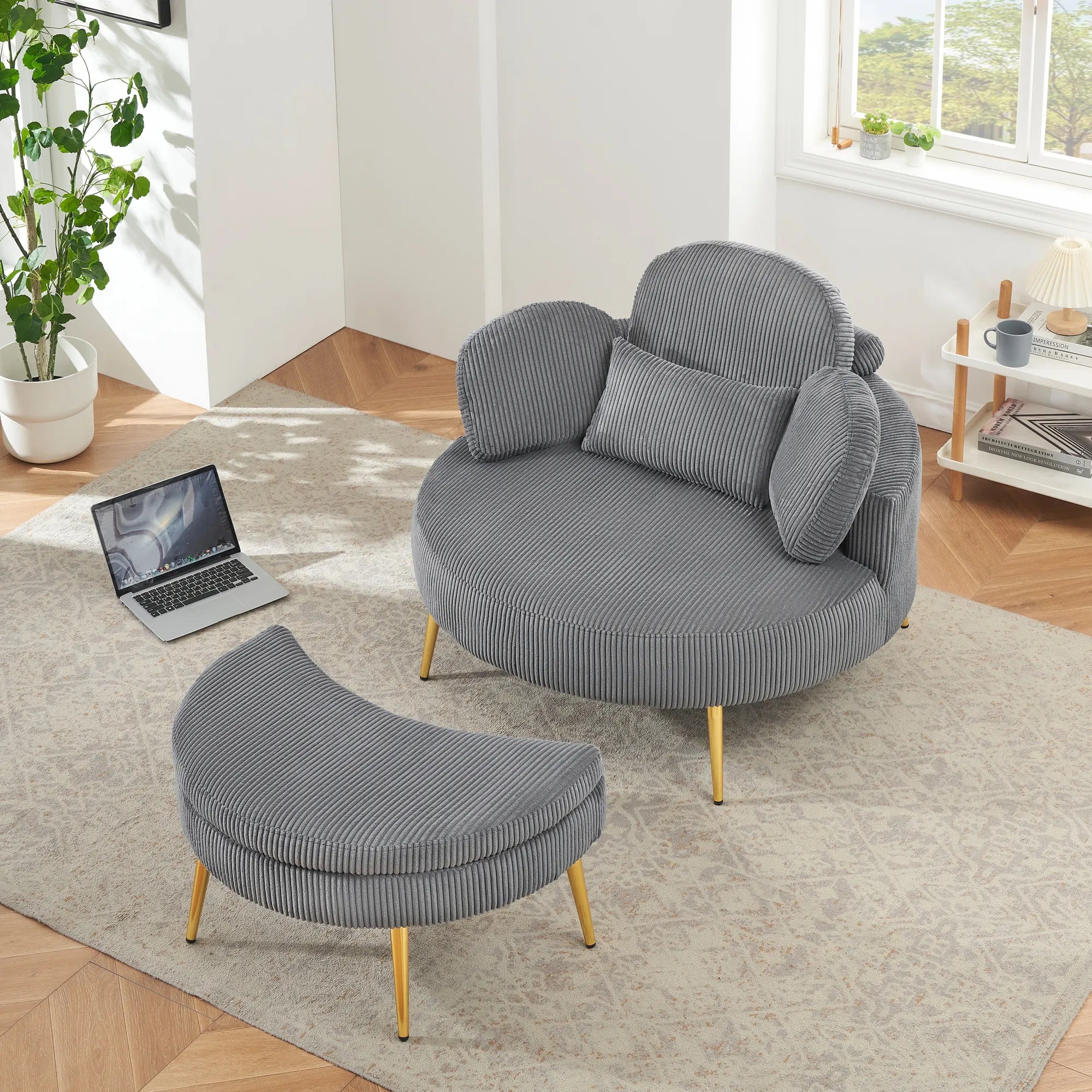 Round Comfy Accent Chair with Half Moon Ottoman