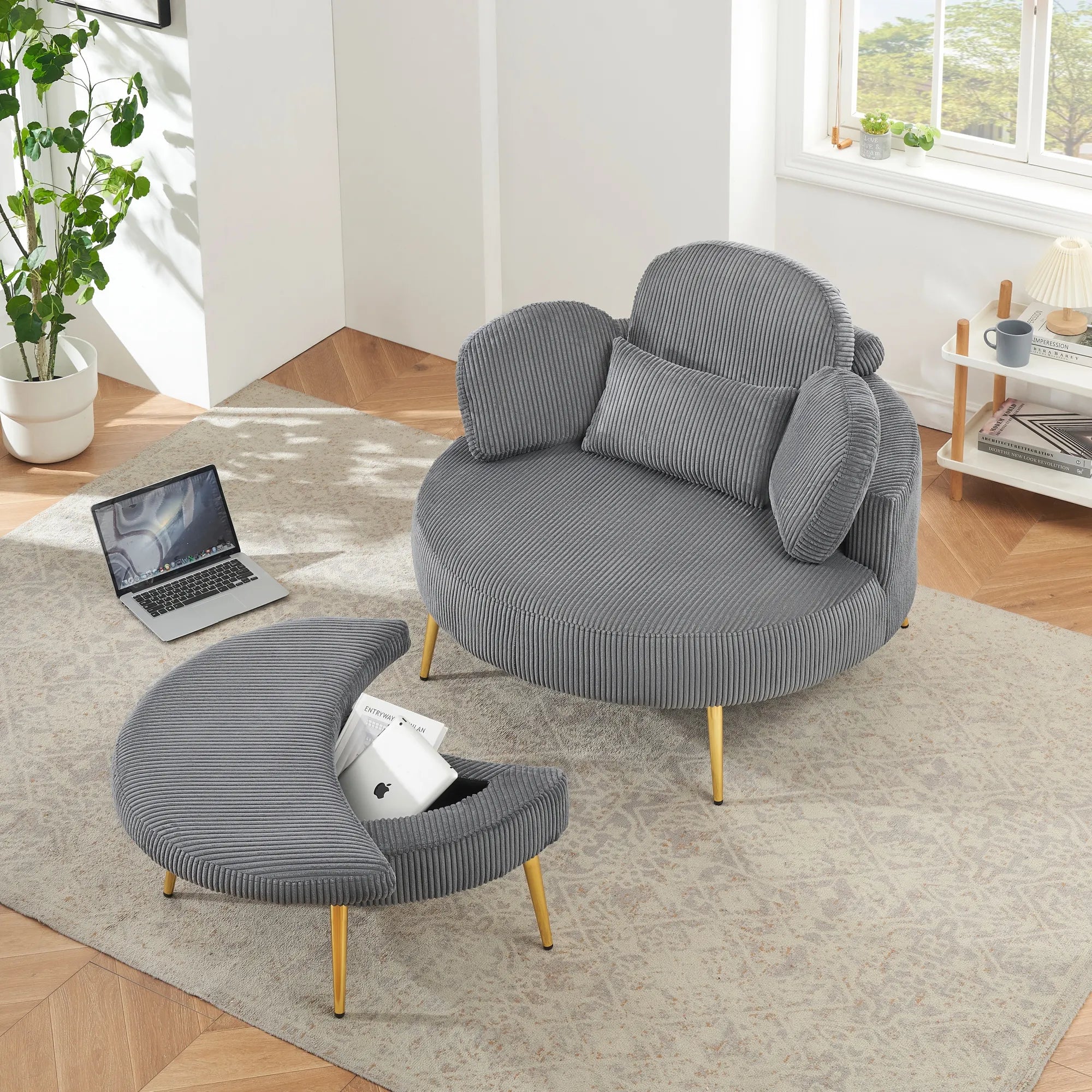 Round Comfy Accent Chair with Half Moon Ottoman