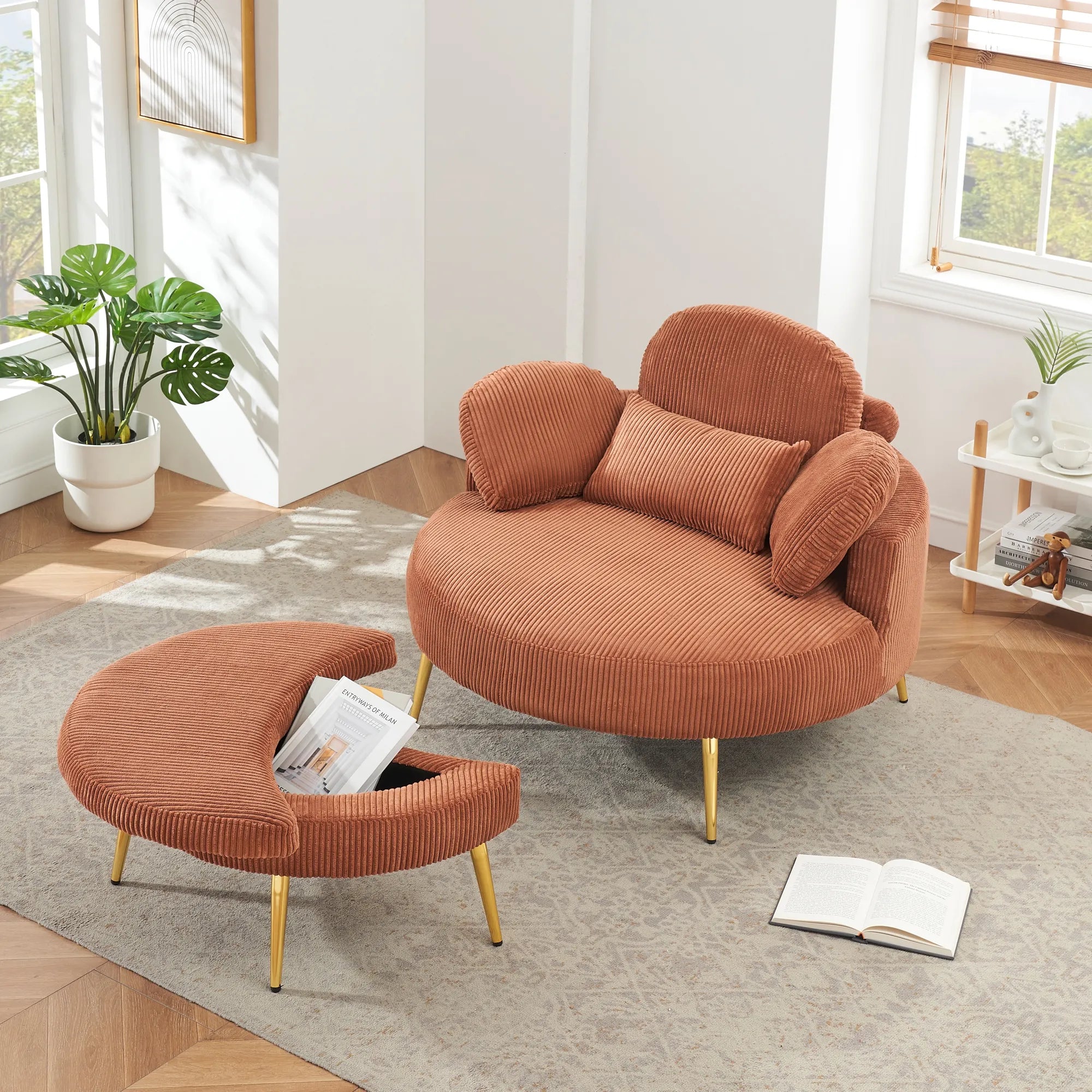 Round Comfy Accent Chair with Half Moon Ottoman
