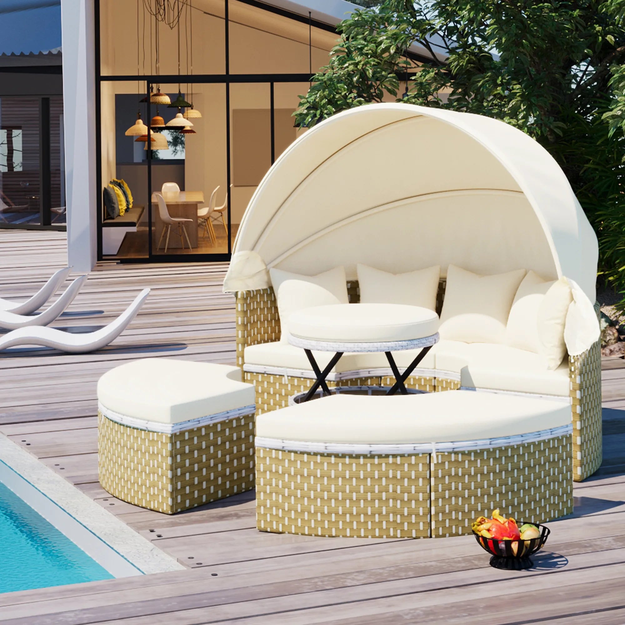 Round Rattan Outdoor Patio Sectional Sofa Set with Retractable Canopy