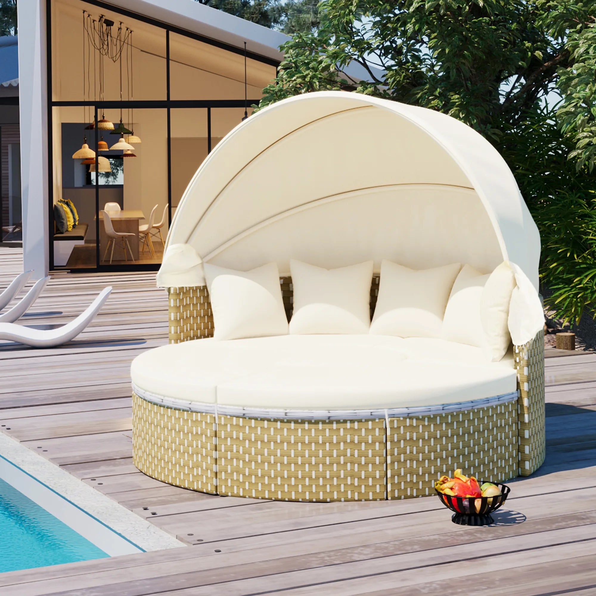 Round Rattan Outdoor Patio Sectional Sofa Set with Retractable Canopy