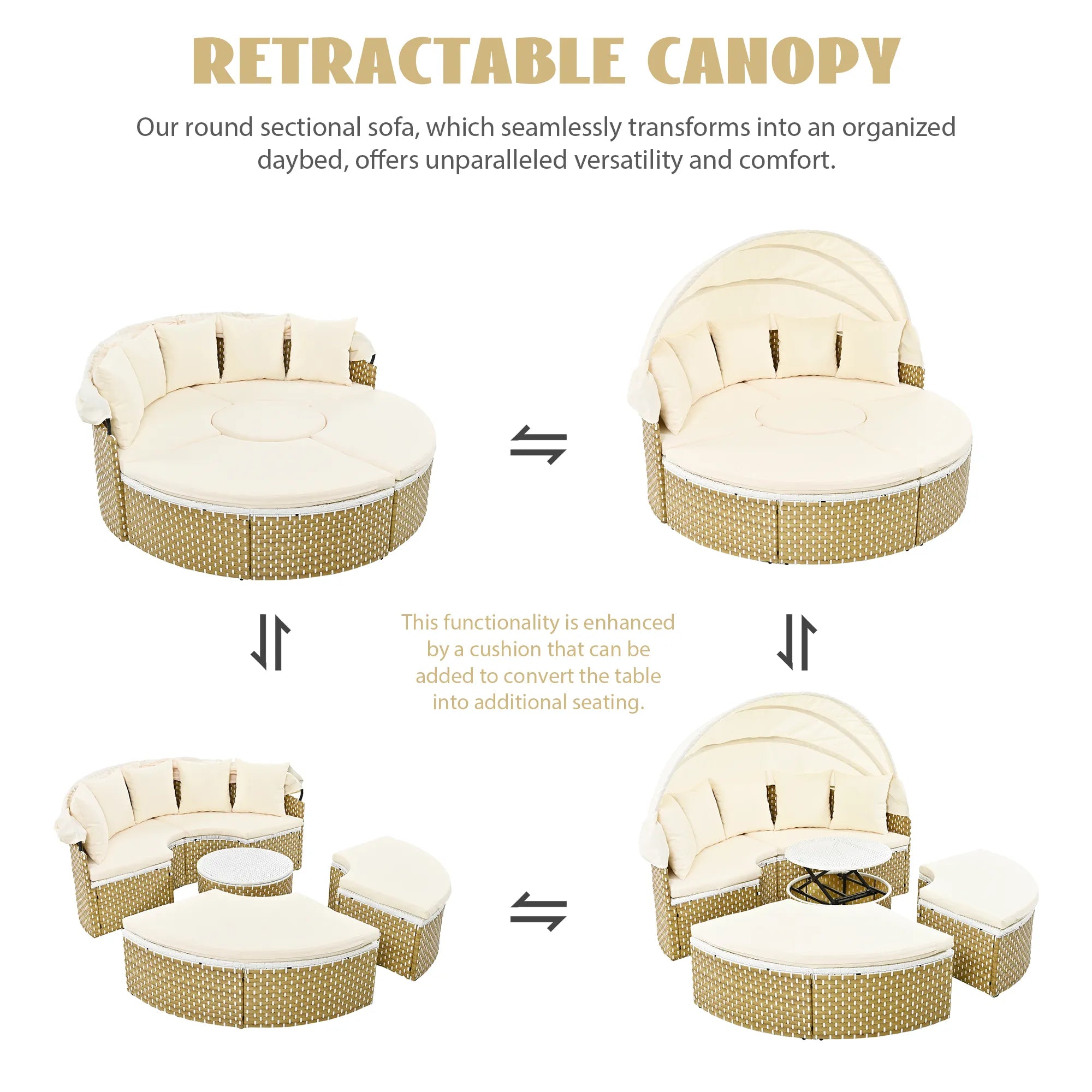 Round Rattan Outdoor Patio Sectional Sofa Set with Retractable Canopy