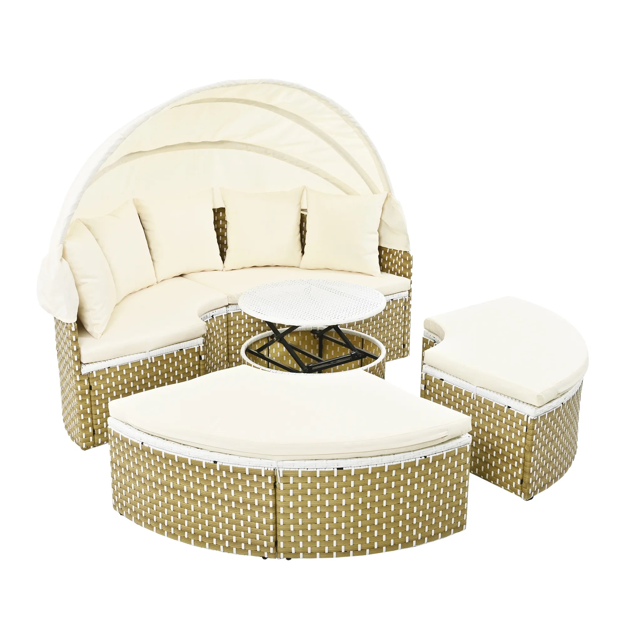 Round Rattan Outdoor Patio Sectional Sofa Set with Retractable Canopy