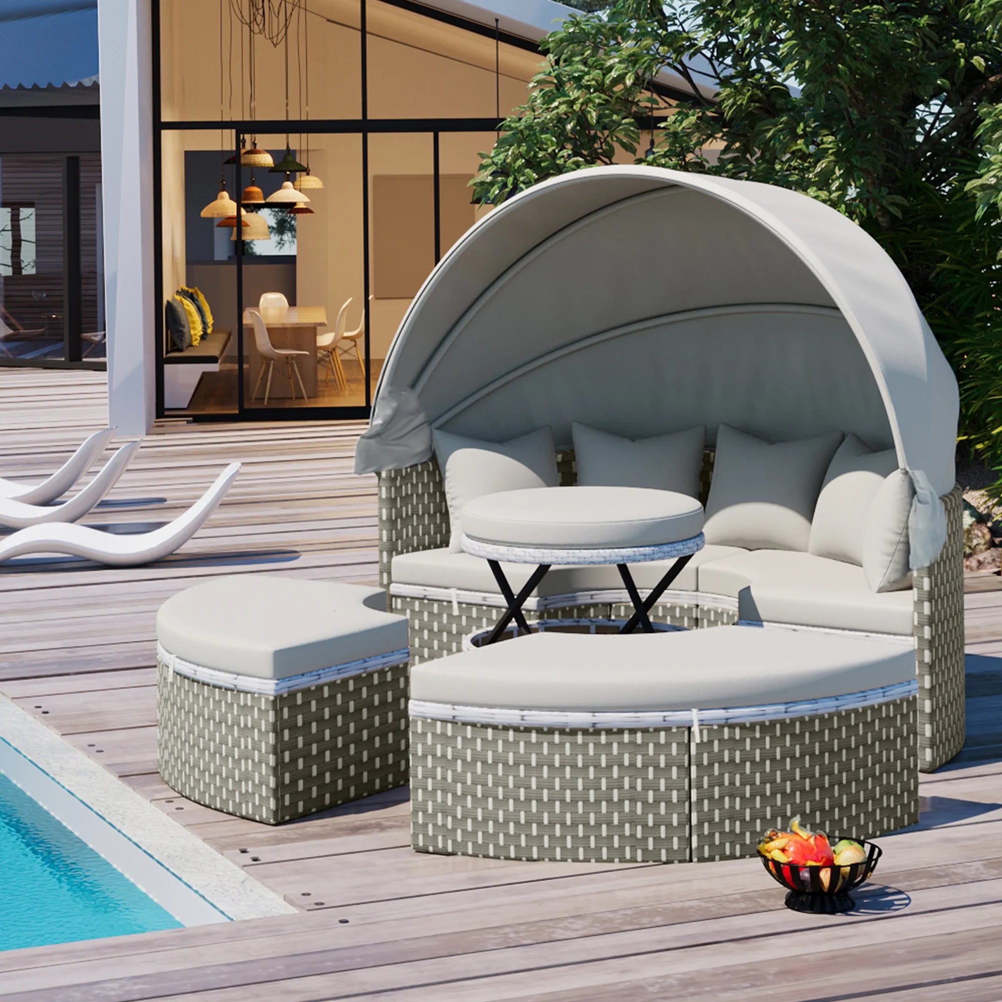 Round Rattan Outdoor Patio Sectional Sofa Set with Retractable Canopy