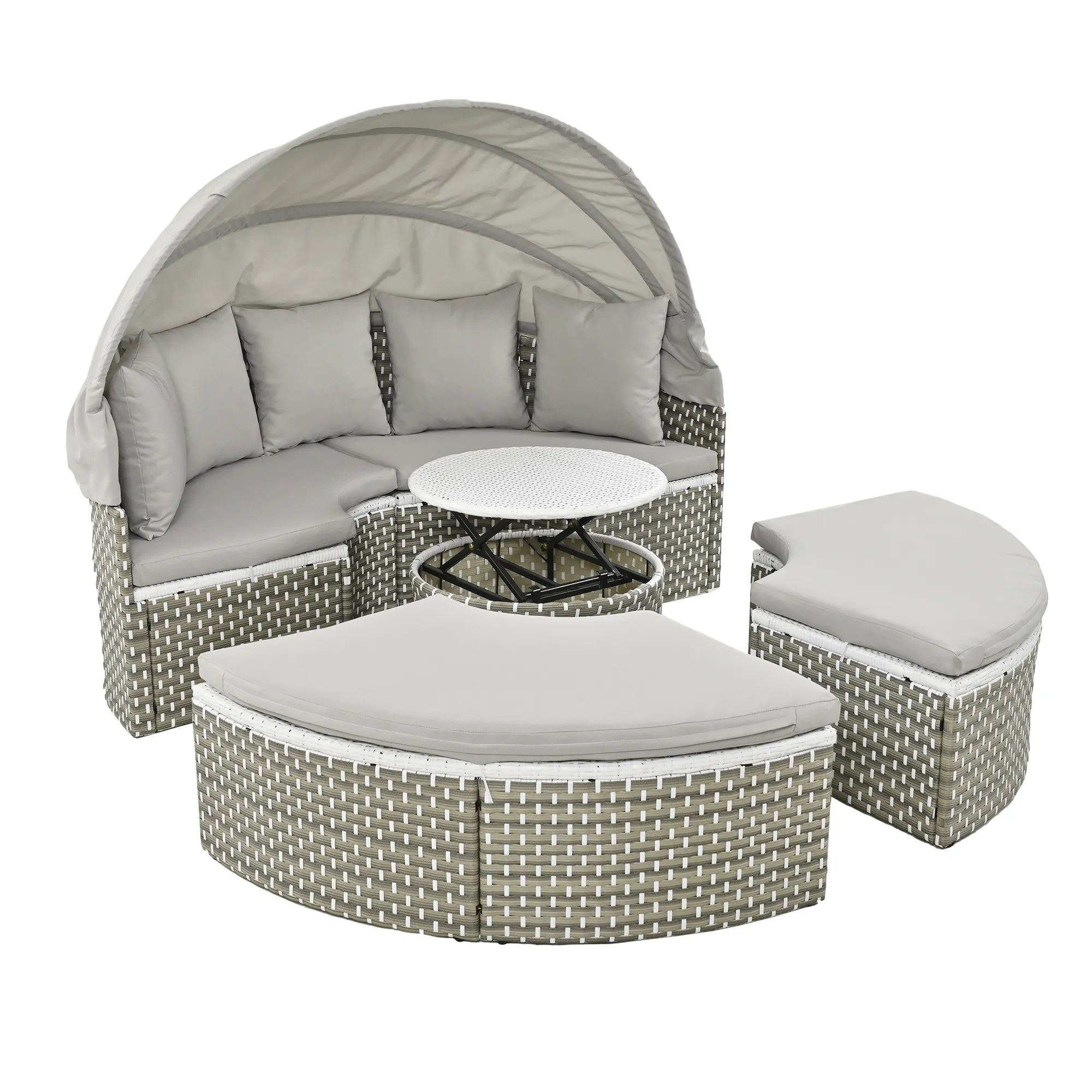Round Rattan Outdoor Patio Sectional Sofa Set with Retractable Canopy