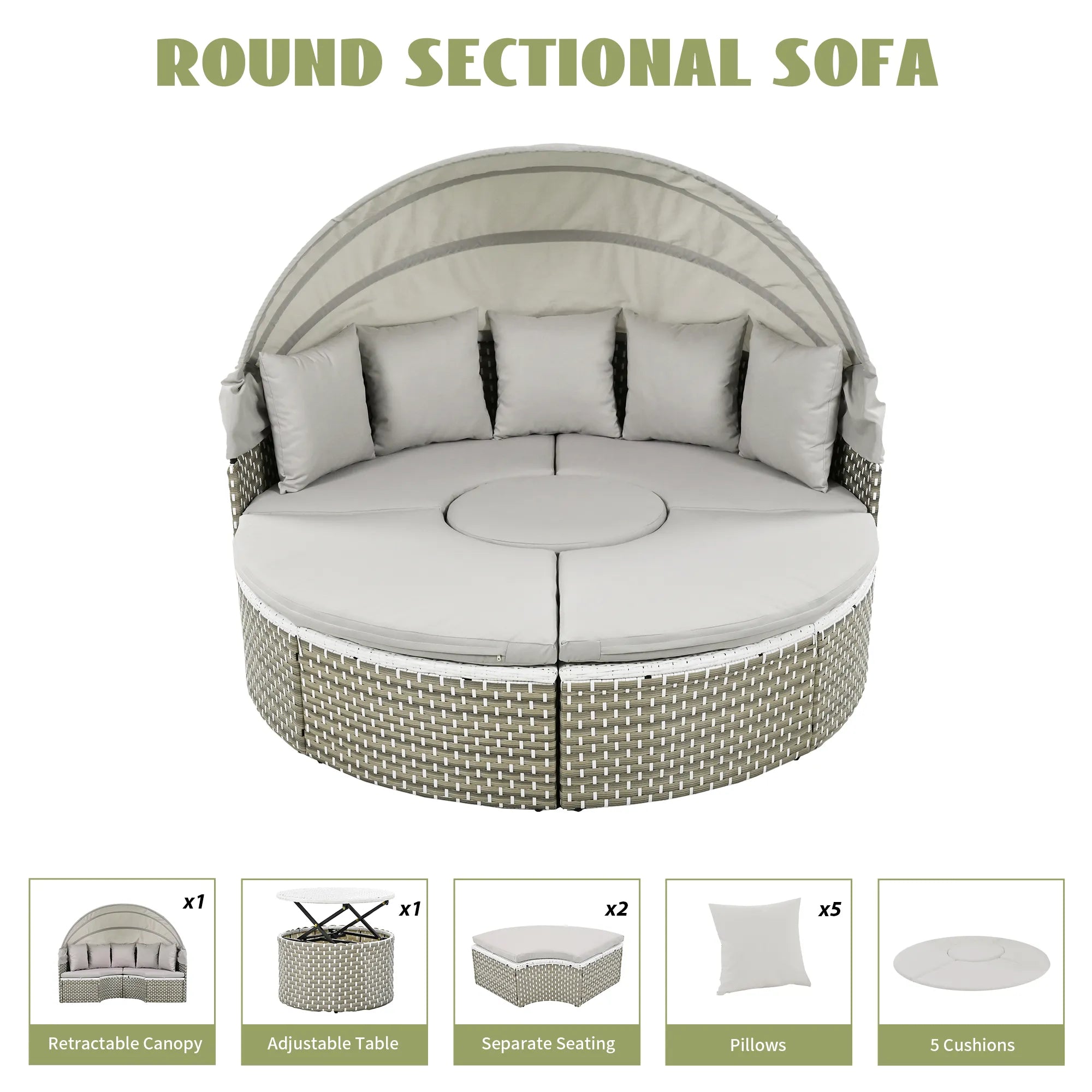 Round Rattan Outdoor Patio Sectional Sofa Set with Retractable Canopy