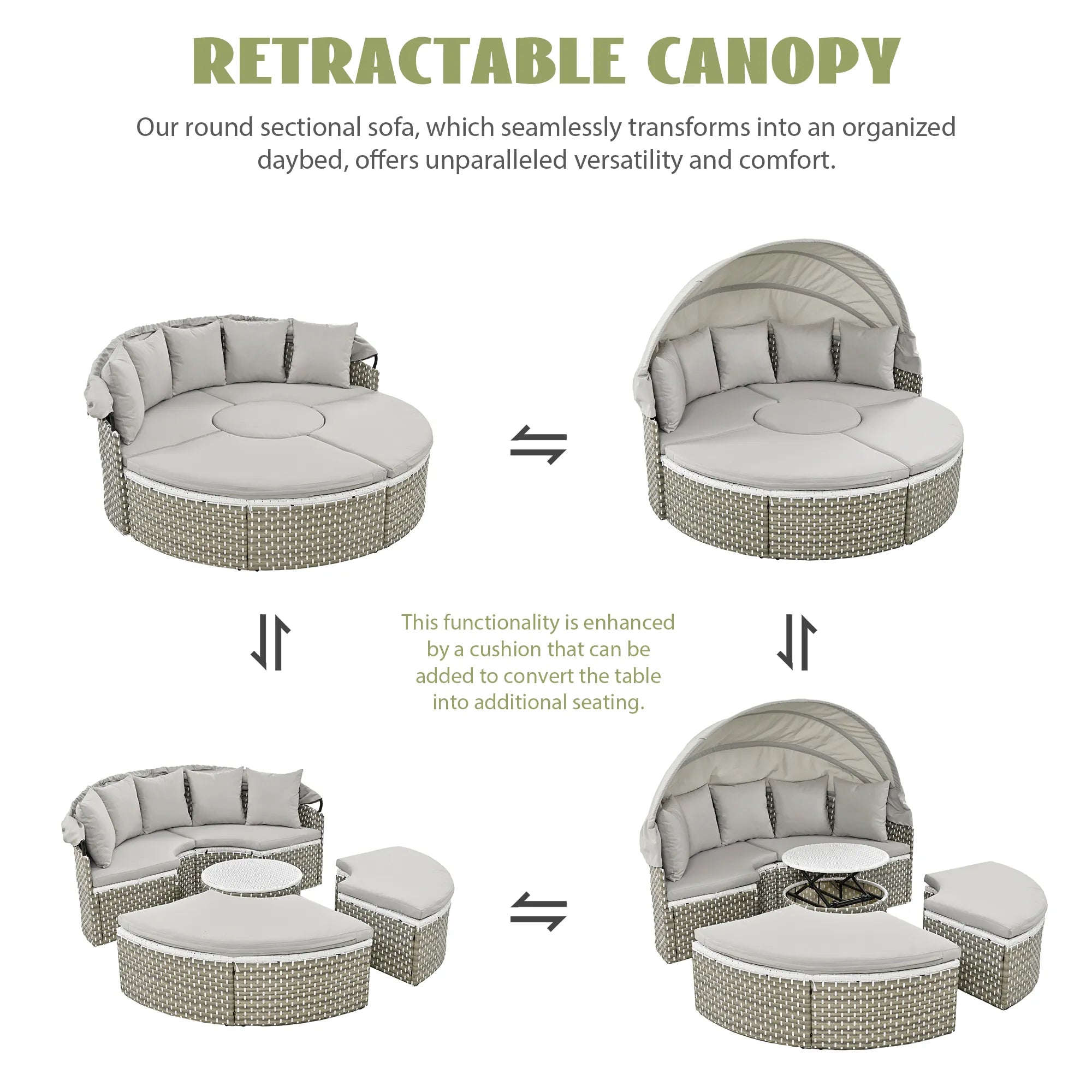 Round Rattan Outdoor Patio Sectional Sofa Set with Retractable Canopy