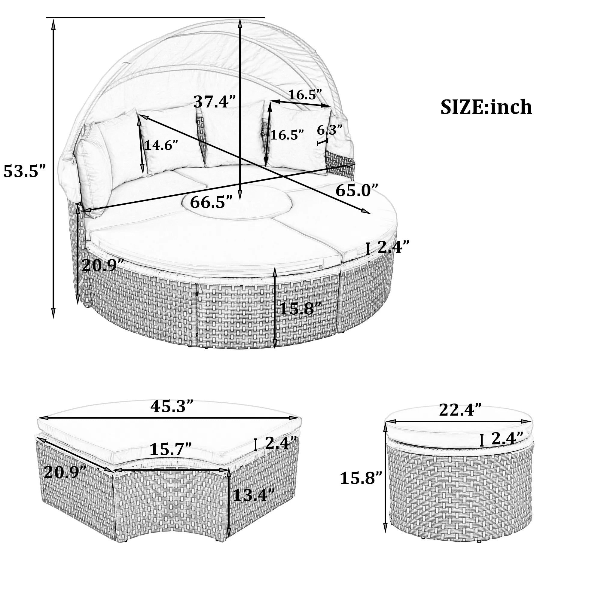 Round Rattan Outdoor Patio Sectional Sofa Set with Retractable Canopy
