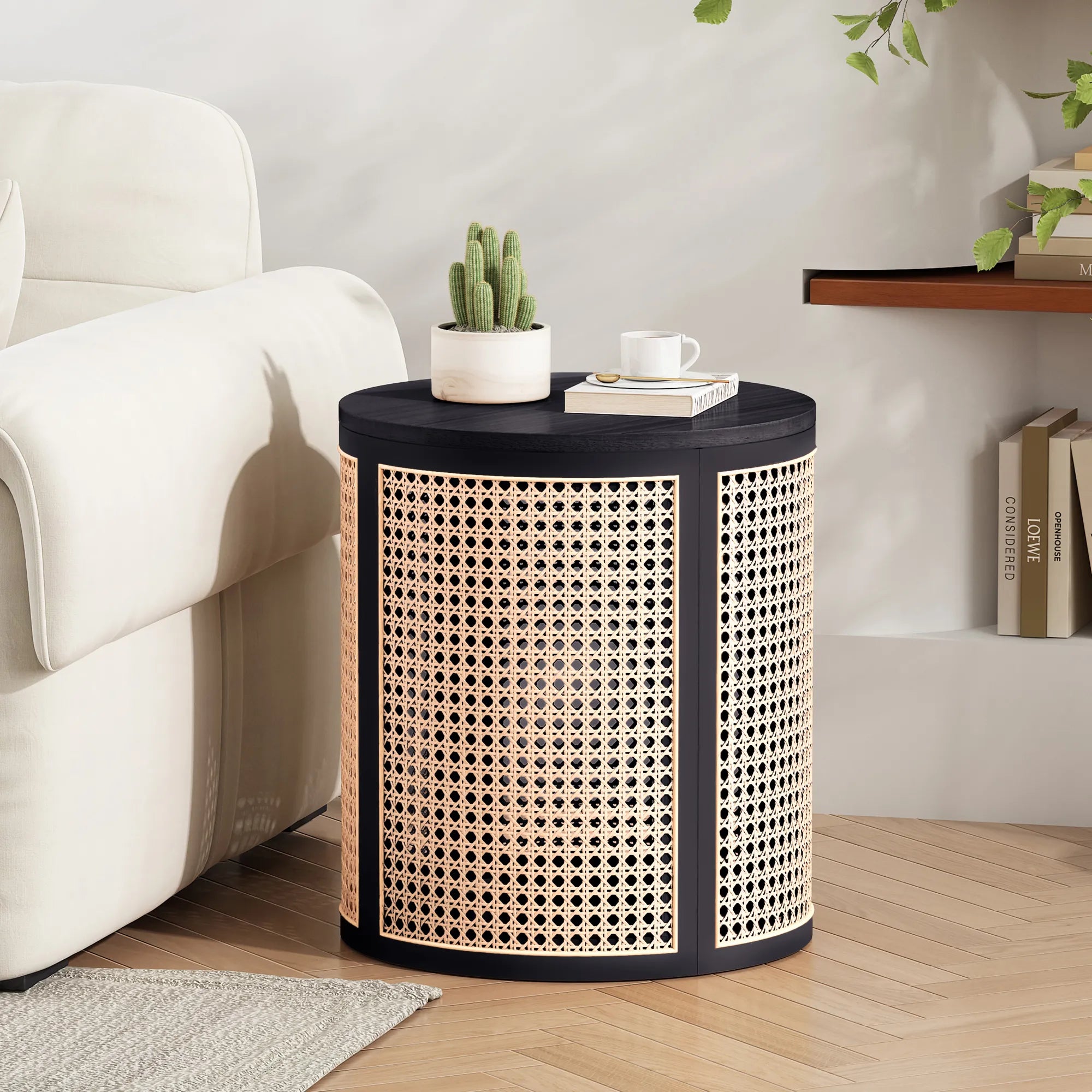 Round Woven Rattan End Table with Storage