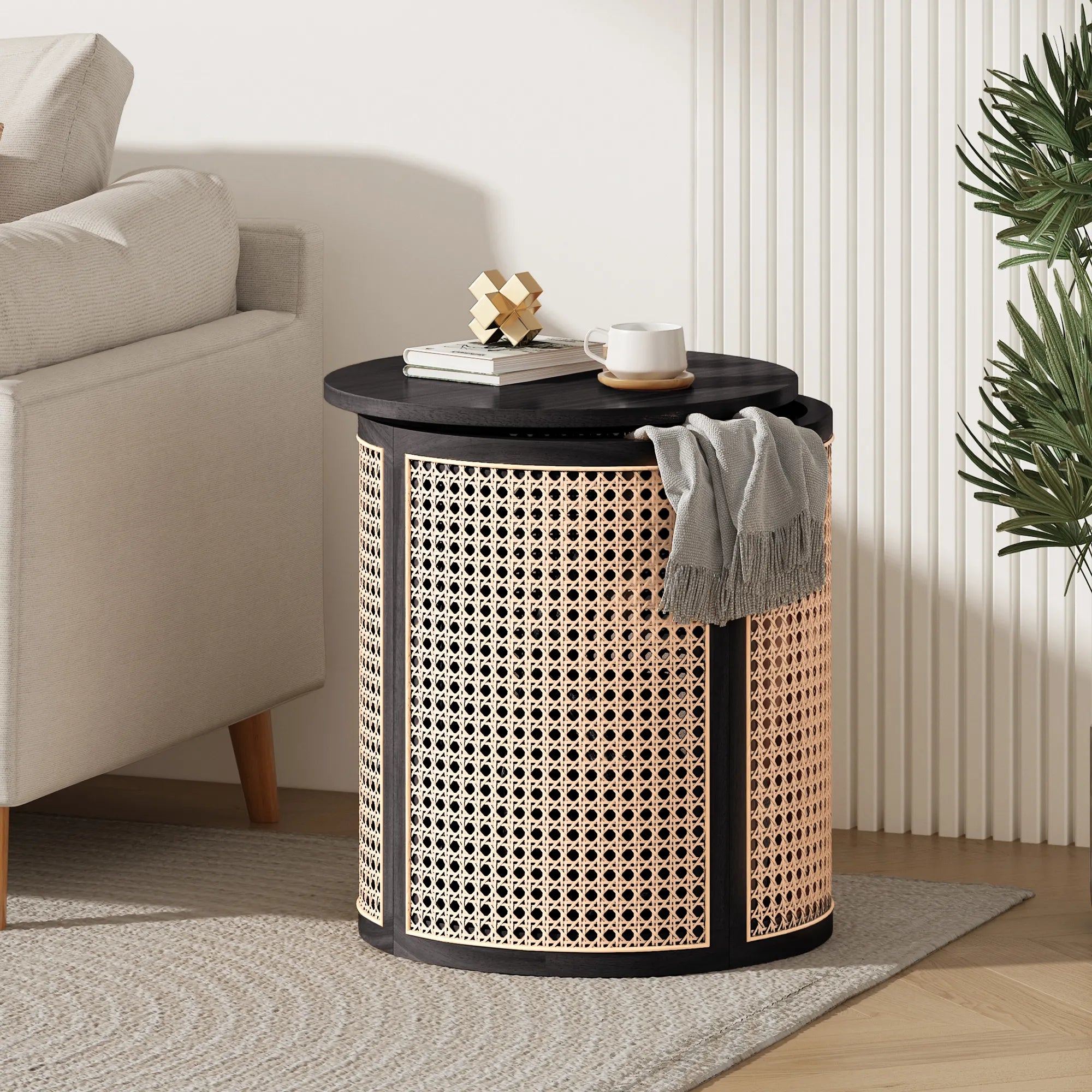 Round Woven Rattan End Table with Storage