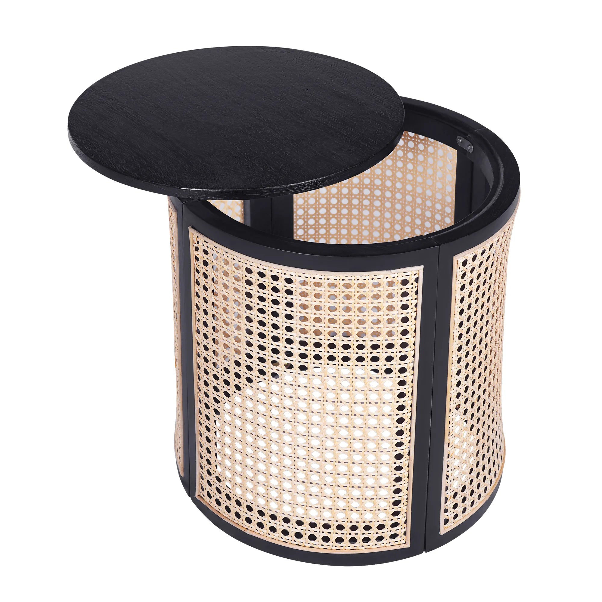 Round Woven Rattan End Table with Storage