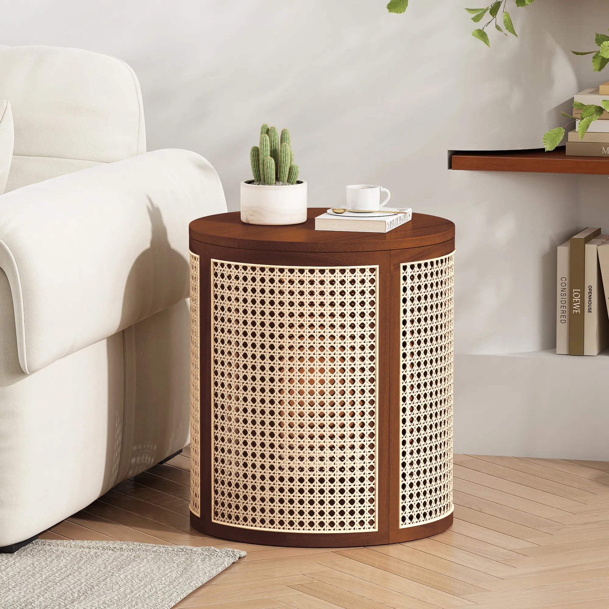 Round Woven Rattan End Table with Storage