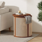 Round Woven Rattan End Table with Storage