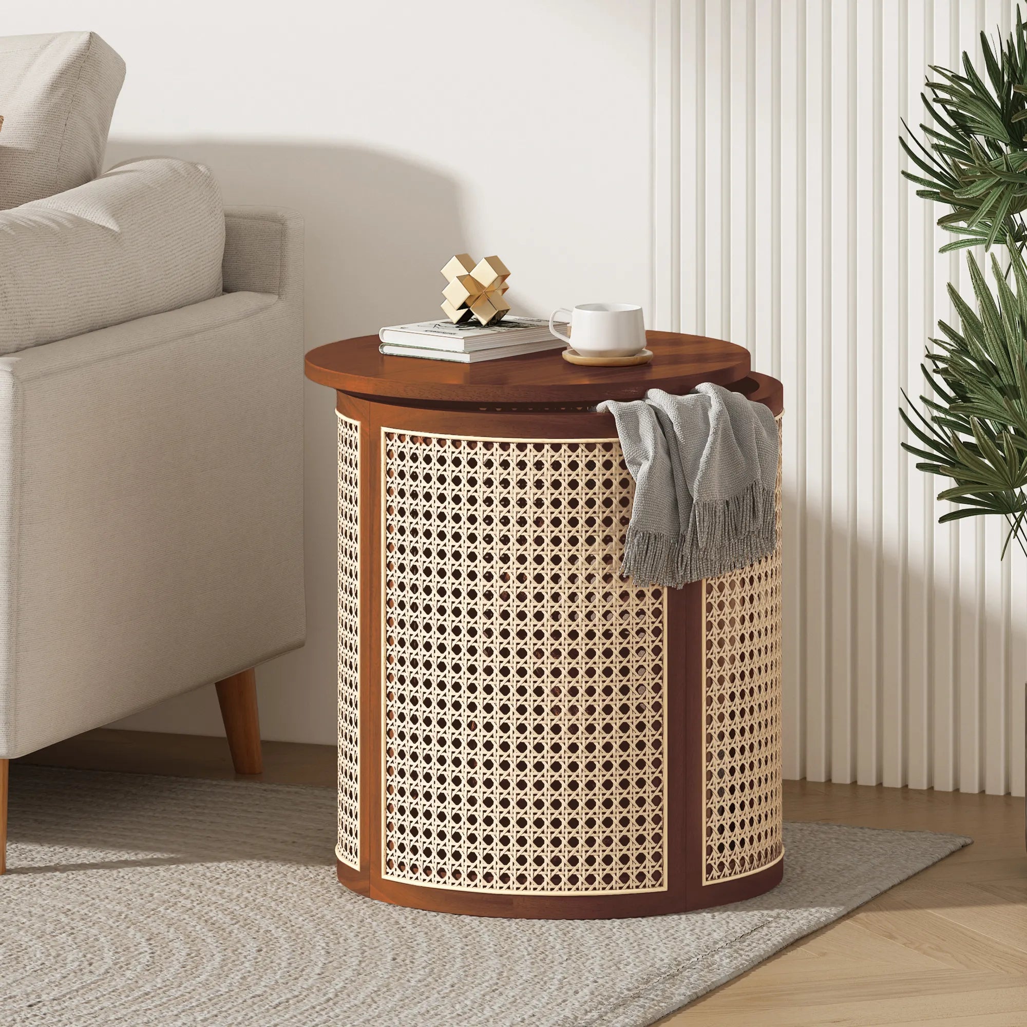 Round Woven Rattan End Table with Storage