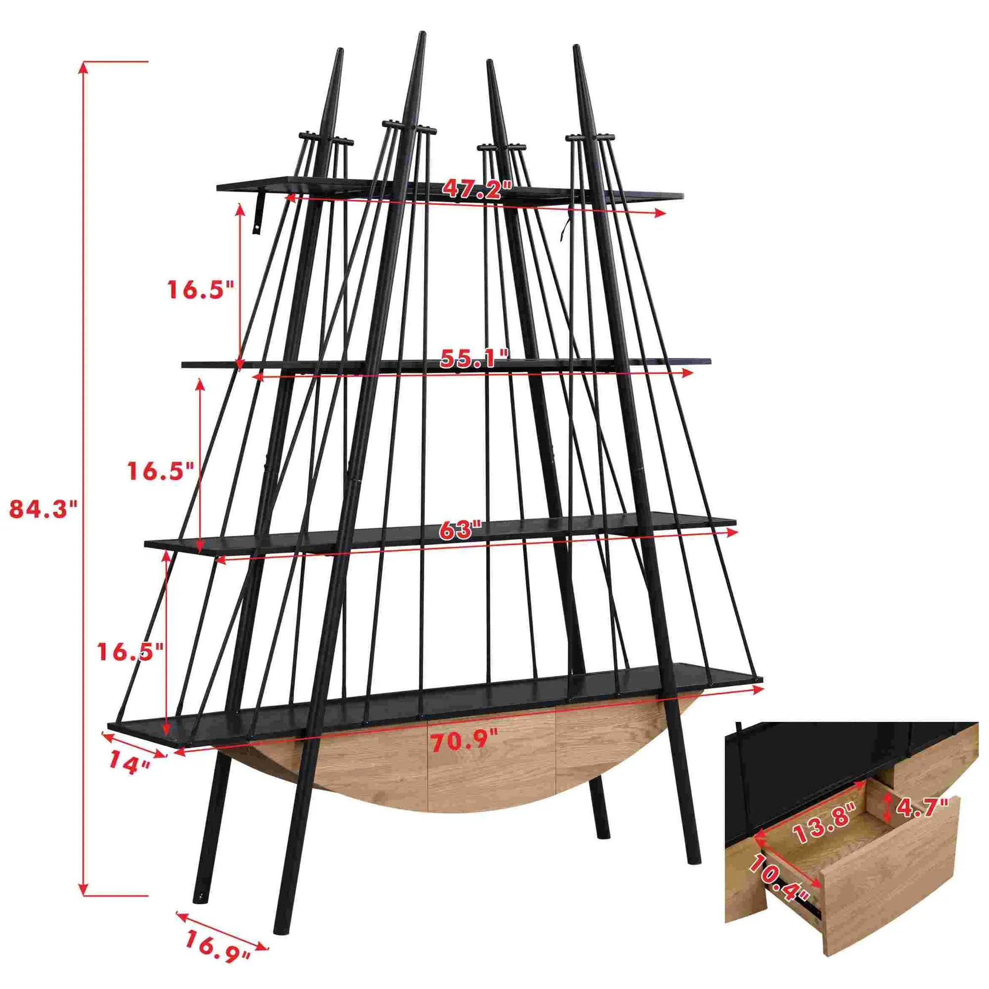 Sailboat-Inspired 4-Tier Shelf with Drawer