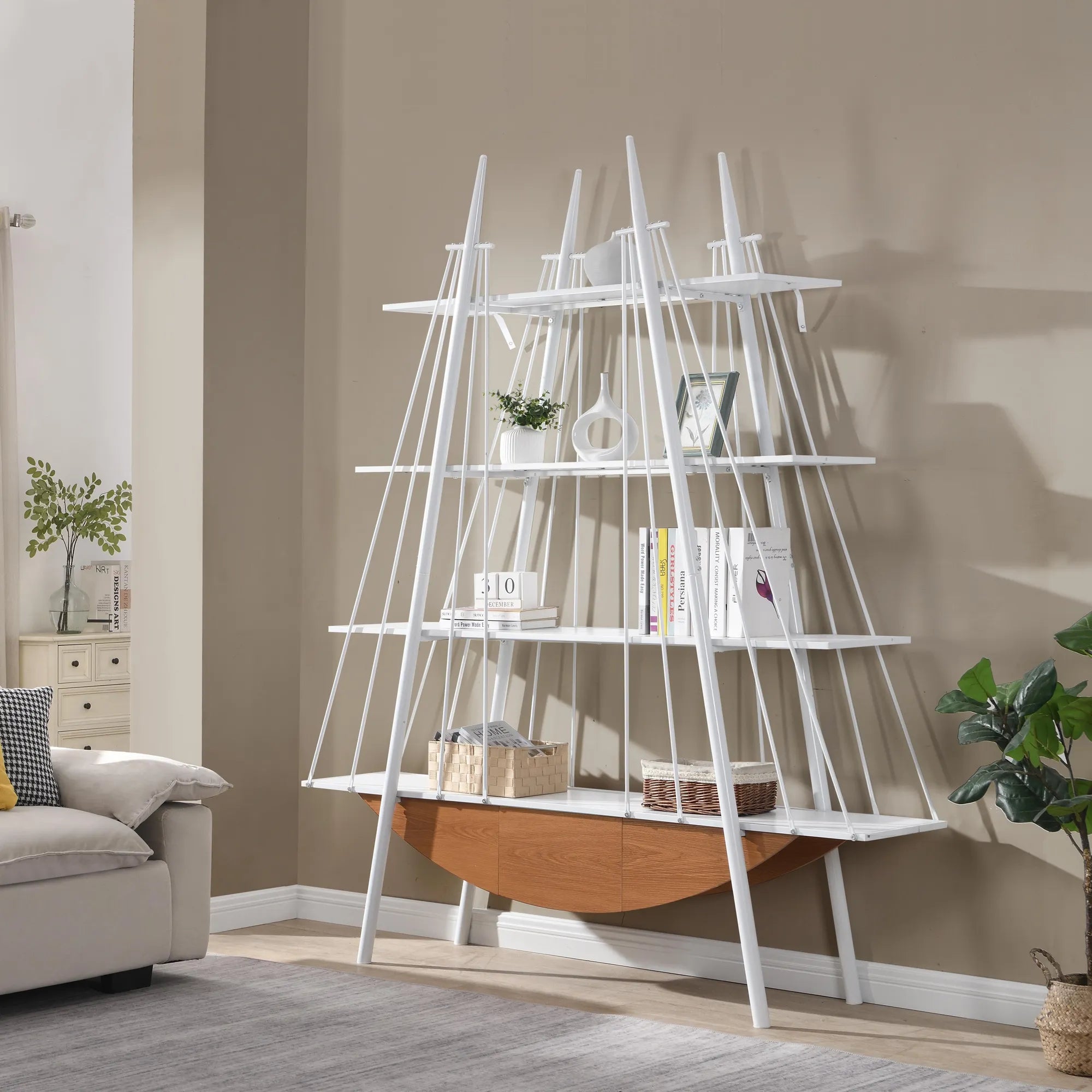 Sailboat-Inspired 4-Tier Shelf with Drawer