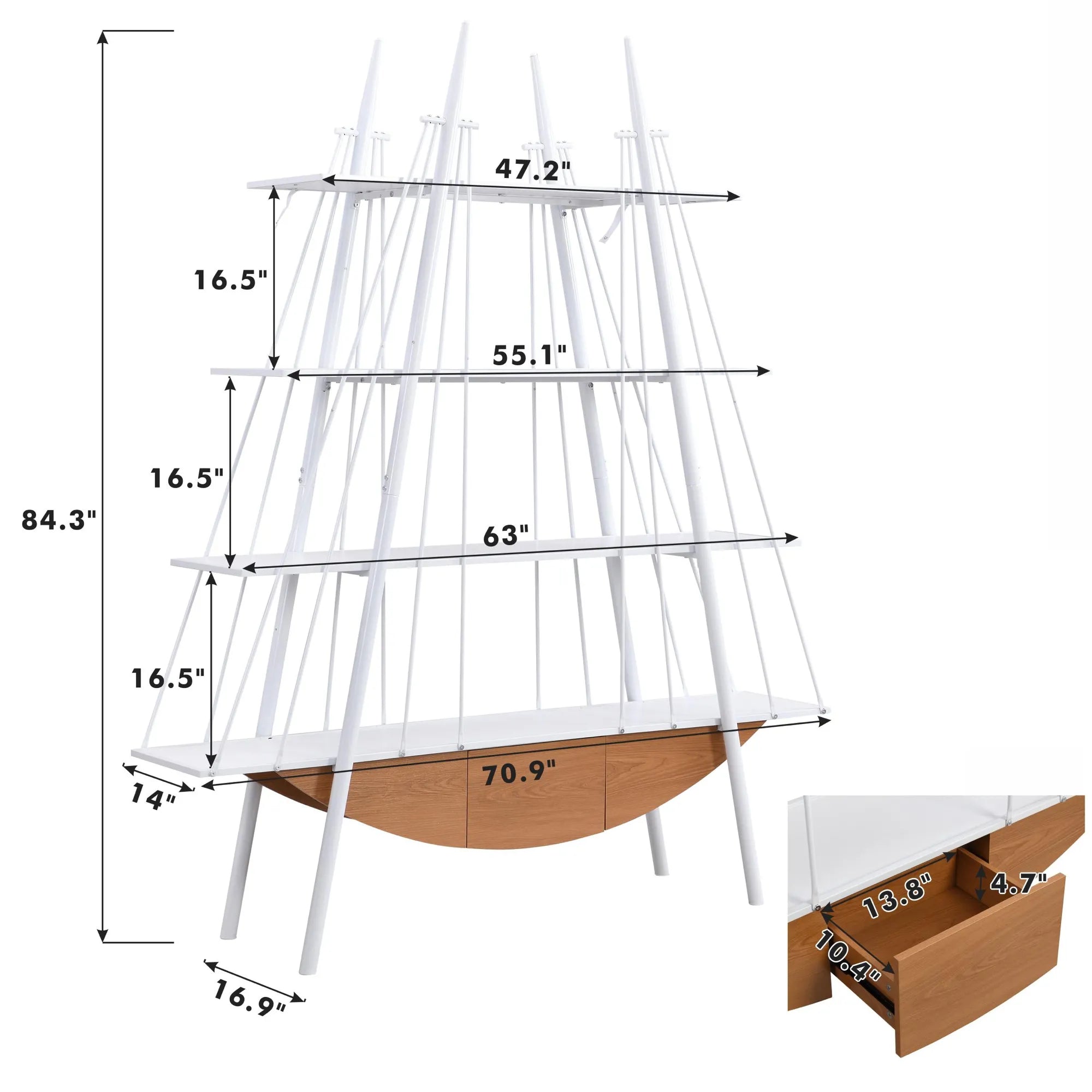 Sailboat-Inspired 4-Tier Shelf with Drawer