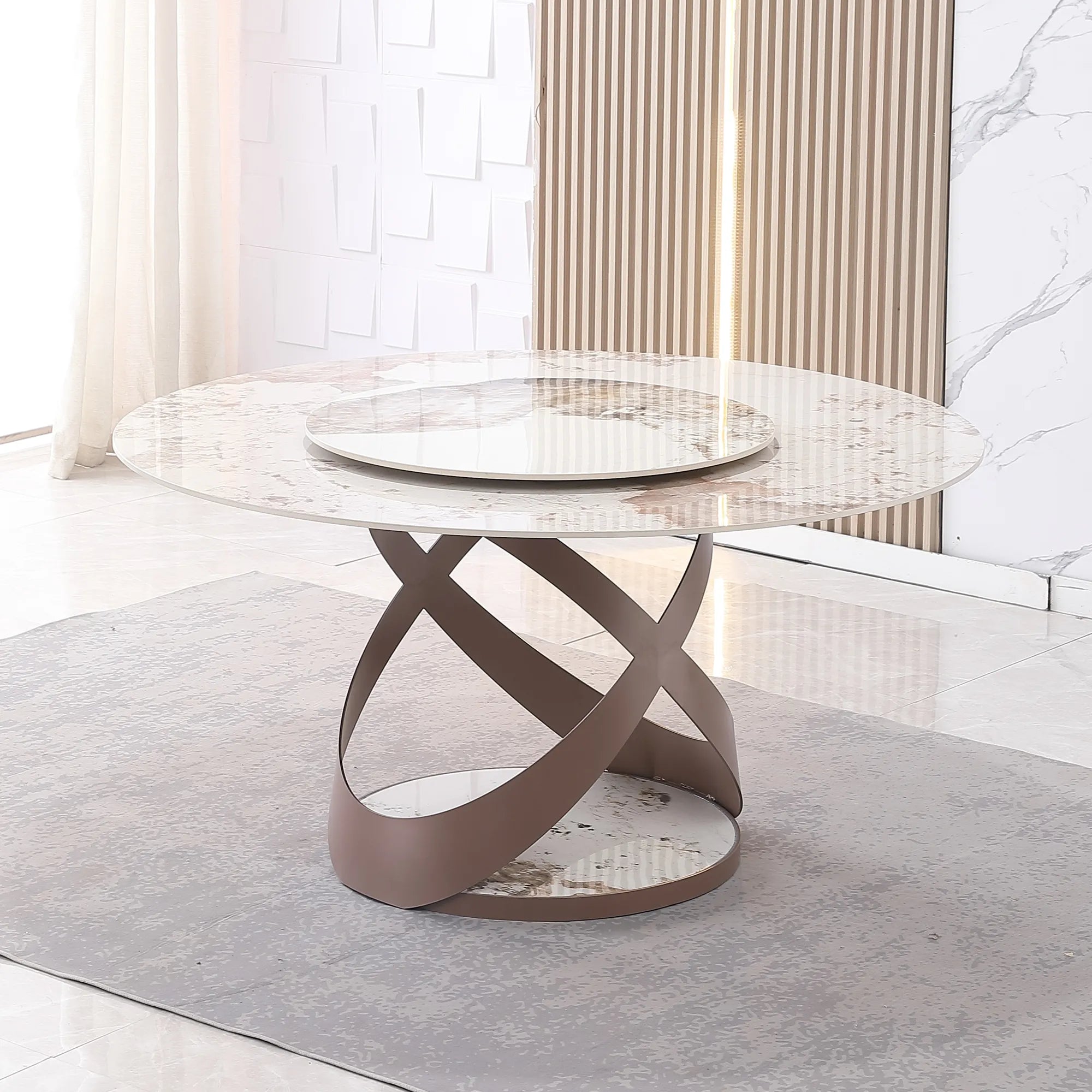 Sintered Stone Modern Round Dining Table with Turntable and Exquisite Pedestal
