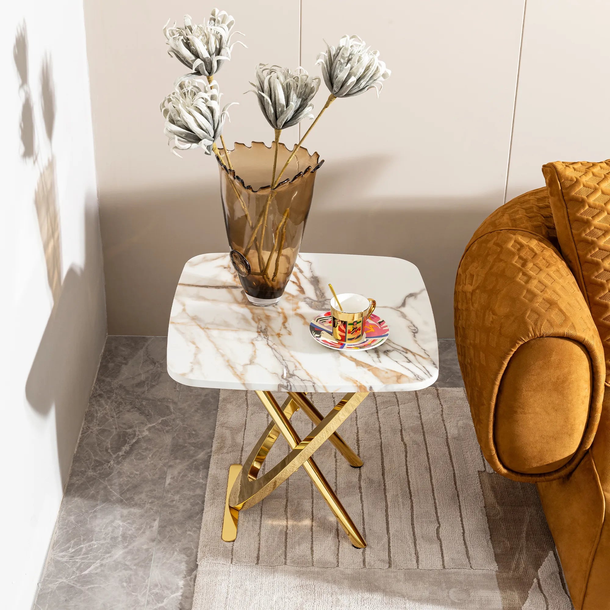 Square Gold Stainless Steel Faux Marble Modern Side Table