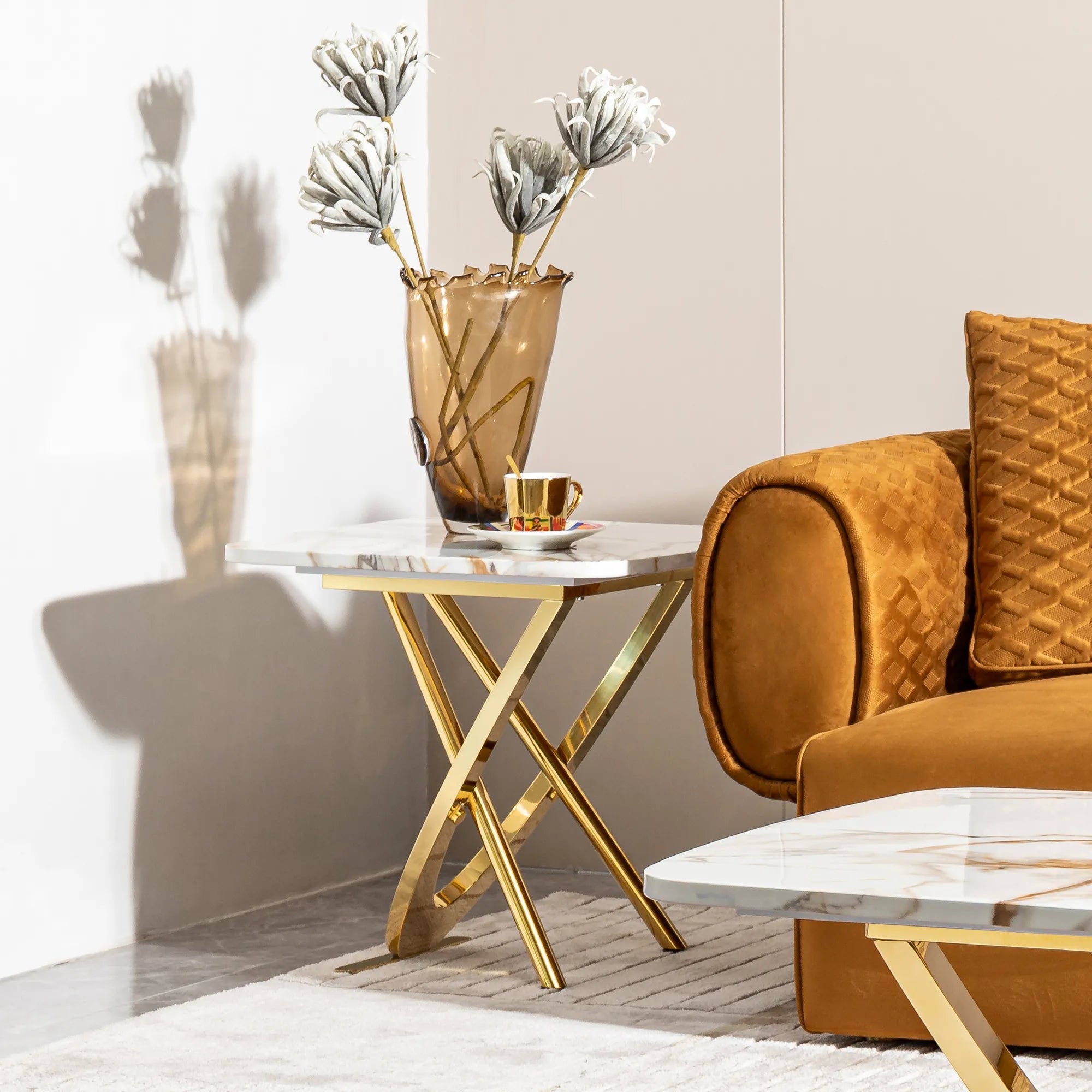 Square Gold Stainless Steel Faux Marble Modern Side Table