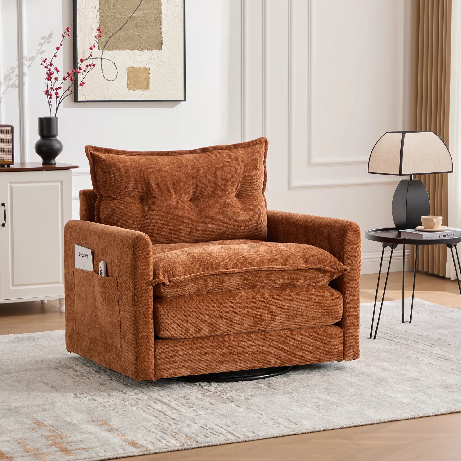 Swivel Barrel Accent Chair, Mid-Century Modern Armchair with Padded Seat