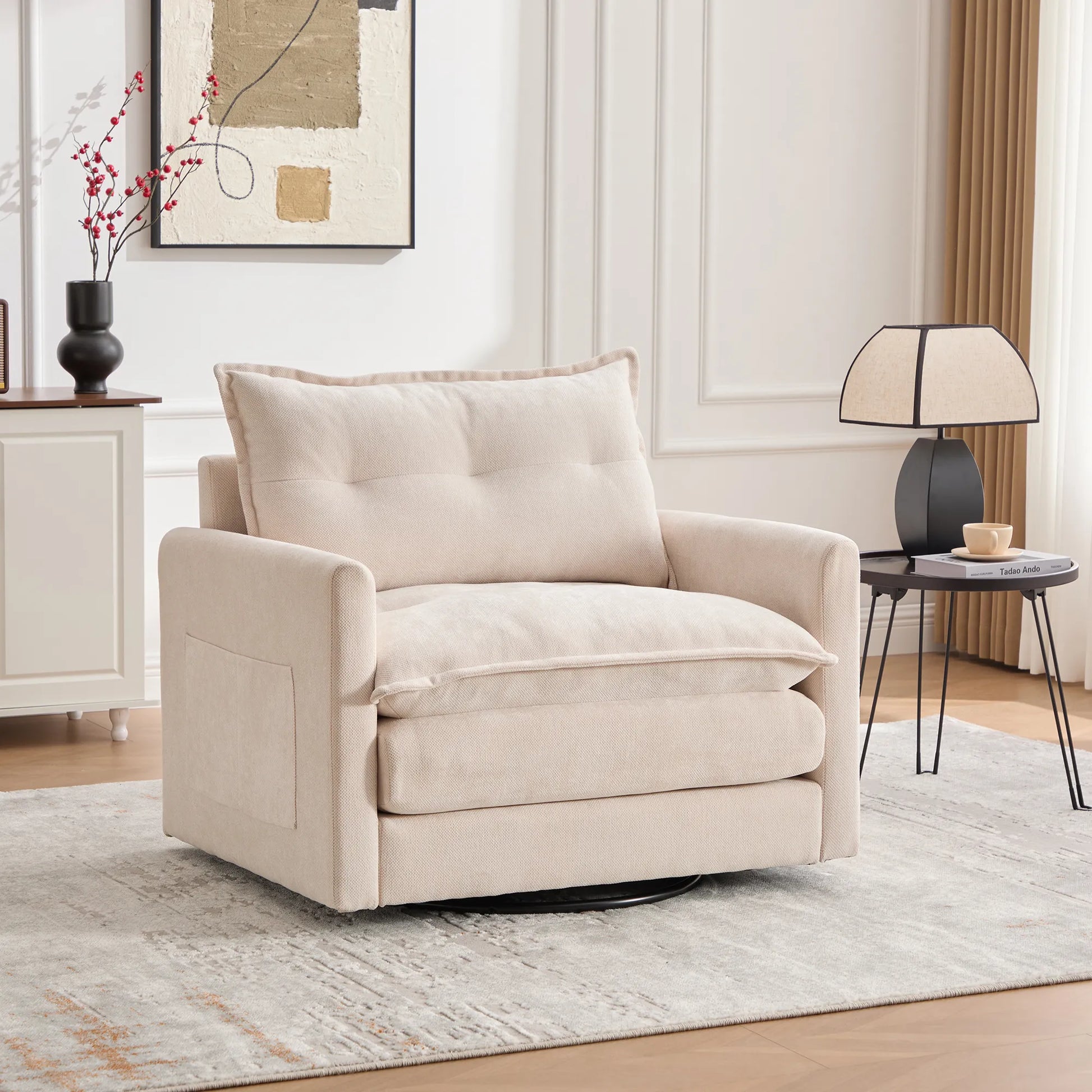 Swivel Barrel Accent Chair, Mid-Century Modern Armchair with Padded Seat