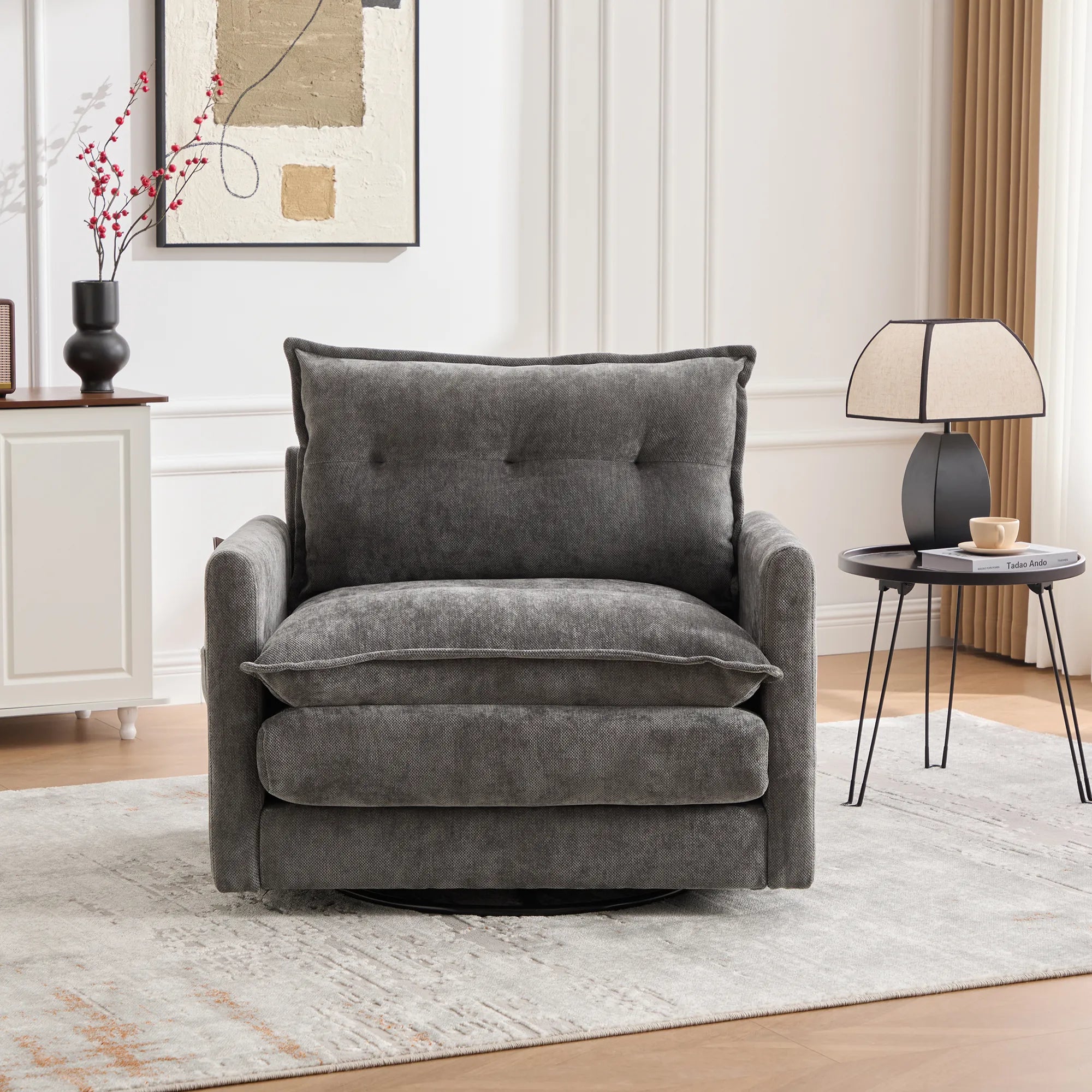 Swivel Barrel Accent Chair, Mid-Century Modern Armchair with Padded Seat