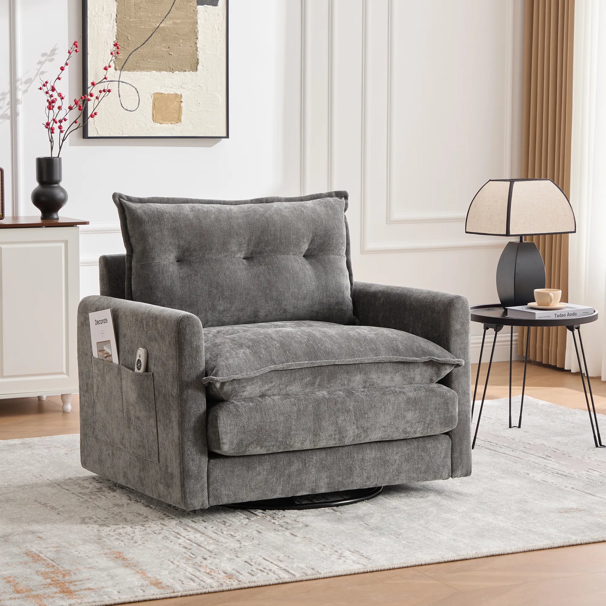 Swivel Barrel Accent Chair, Mid-Century Modern Armchair with Padded Seat