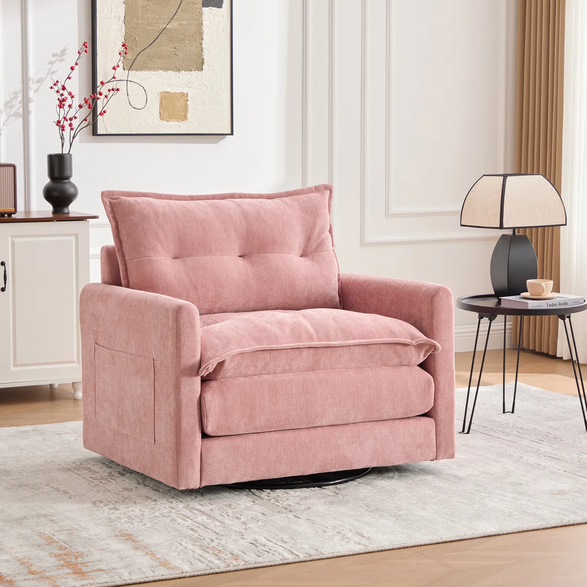 Swivel Barrel Accent Chair, Mid-Century Modern Armchair with Padded Seat