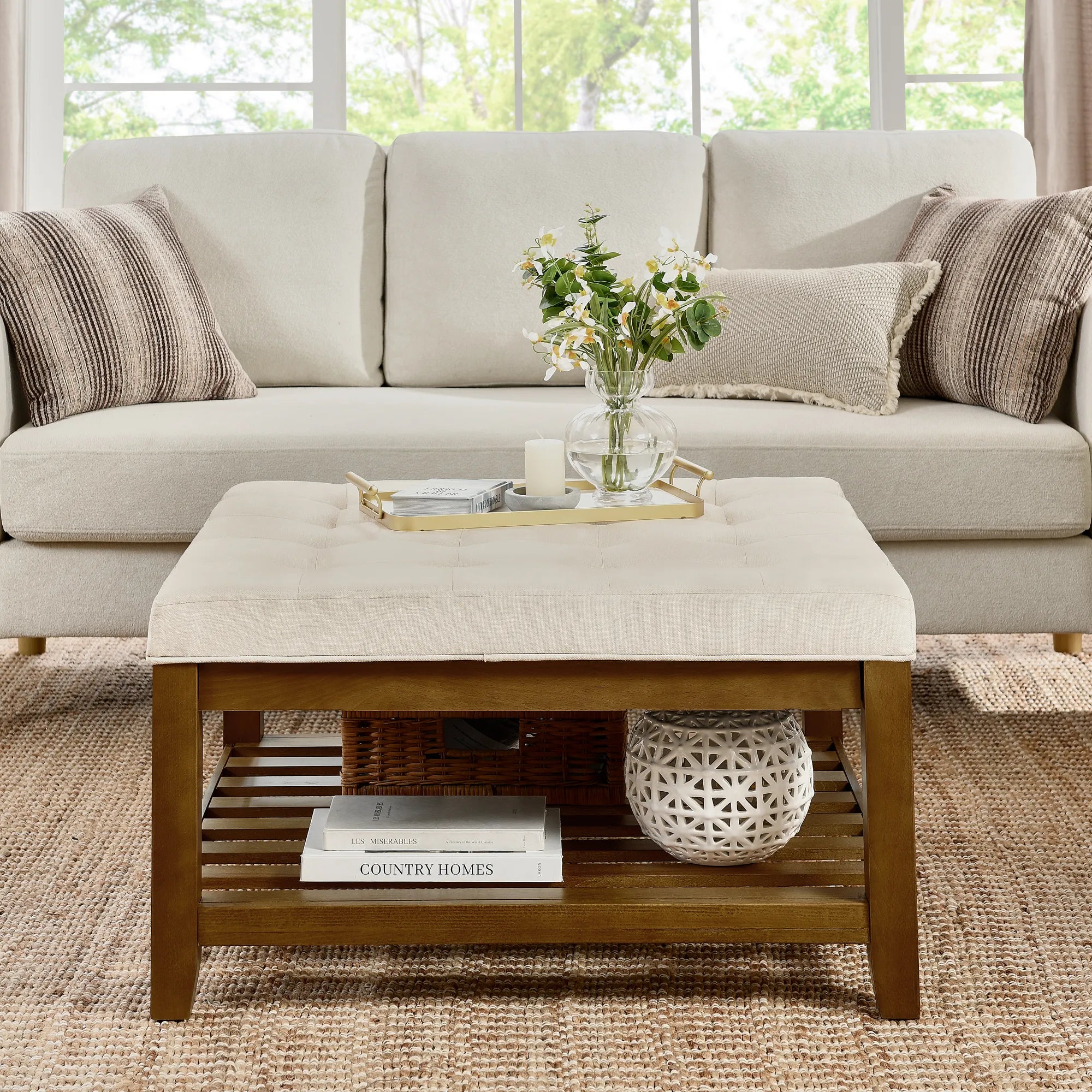 Tufted Linen Upholstered Square Coffee Table with Beech Wood Storage Shelf
