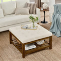 Tufted Linen Upholstered Square Coffee Table with Beech Wood Storage Shelf