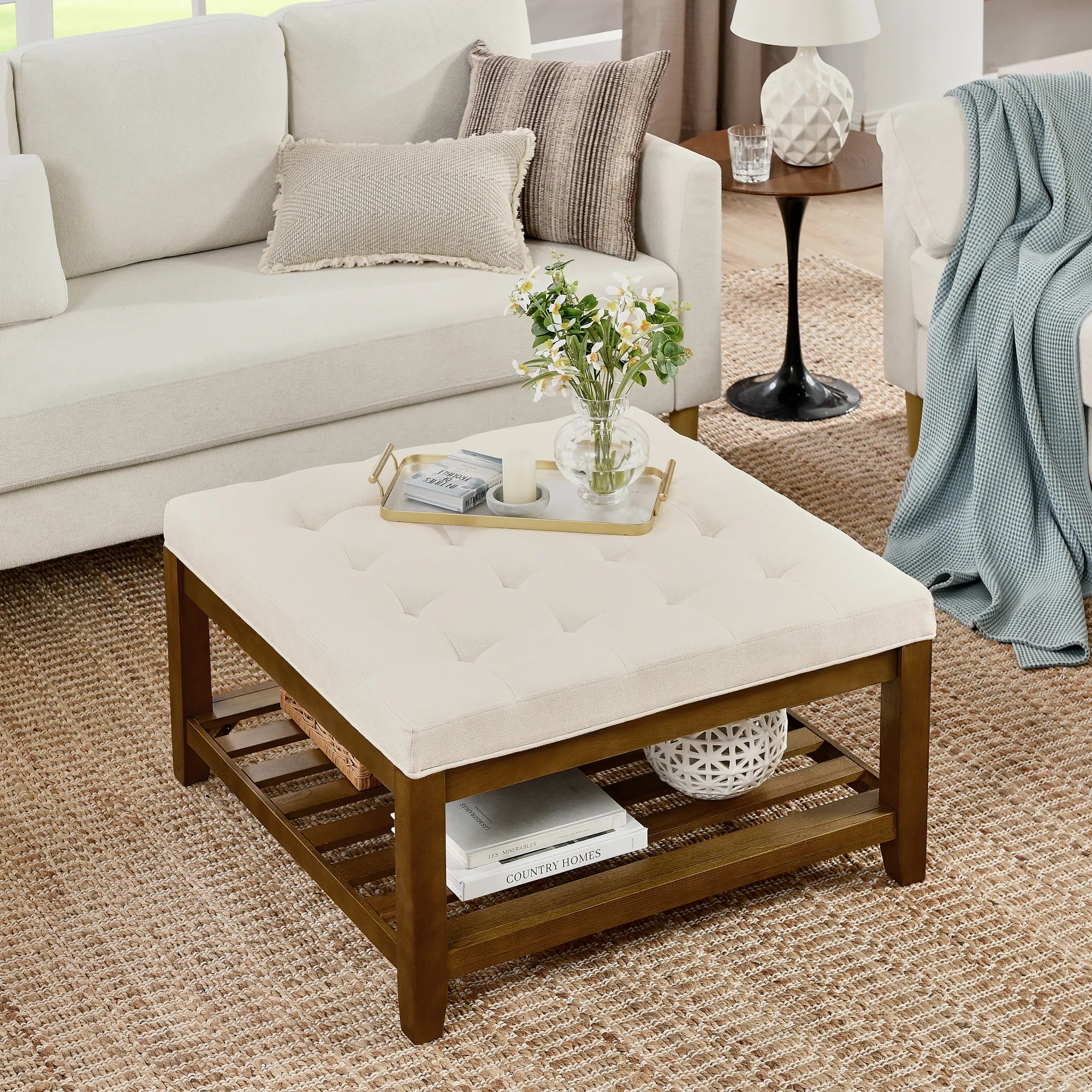 Tufted Linen Upholstered Square Coffee Table with Beech Wood Storage Shelf