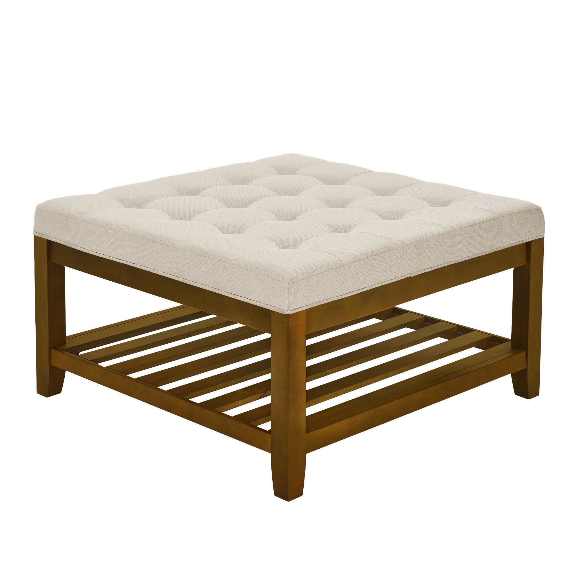 Tufted Linen Upholstered Square Coffee Table with Beech Wood Storage Shelf