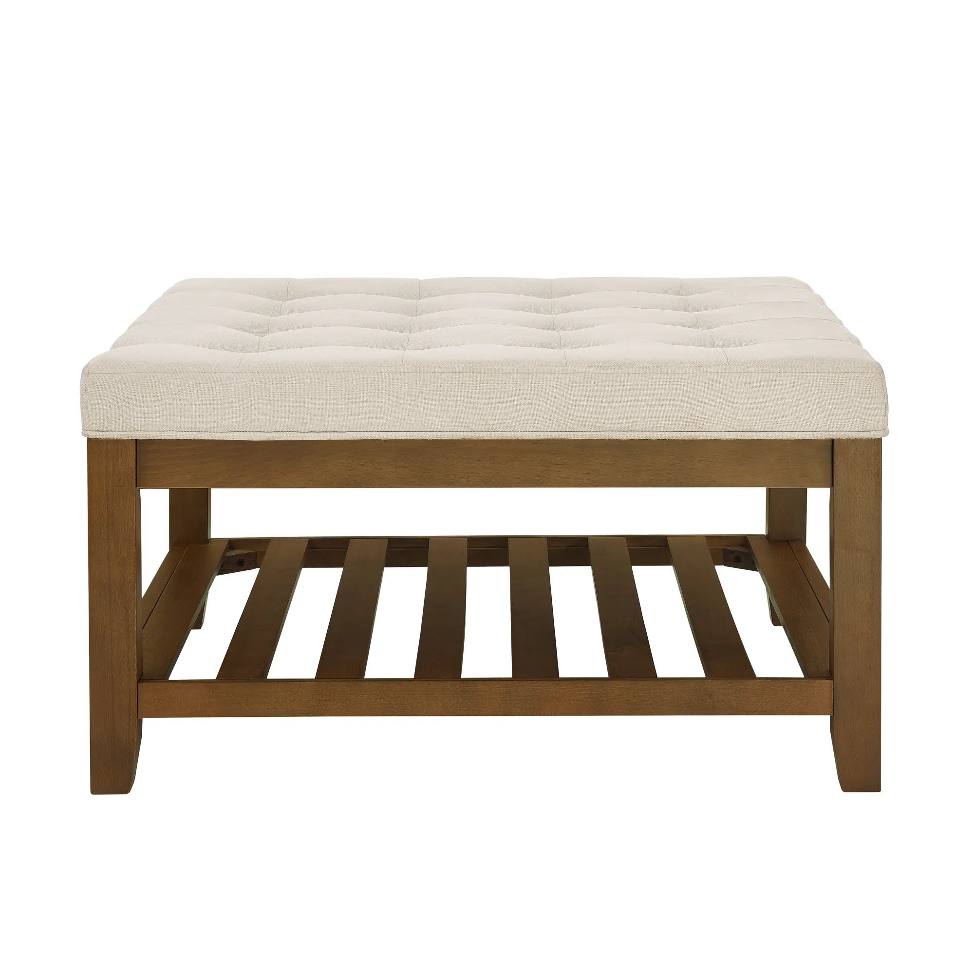 Tufted Linen Upholstered Square Coffee Table with Beech Wood Storage Shelf
