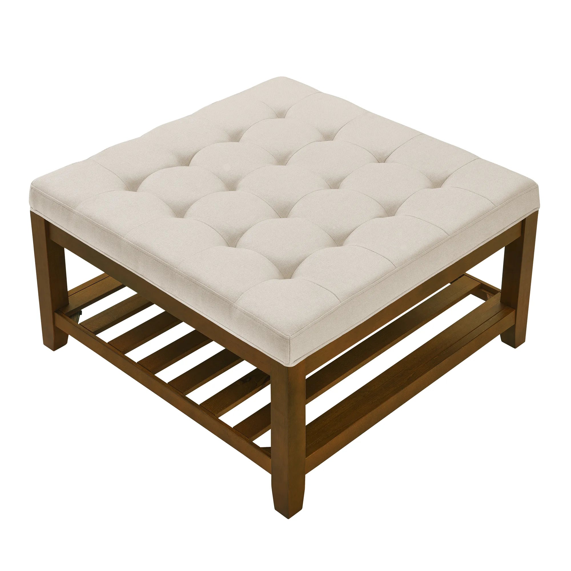 Tufted Linen Upholstered Square Coffee Table with Beech Wood Storage Shelf