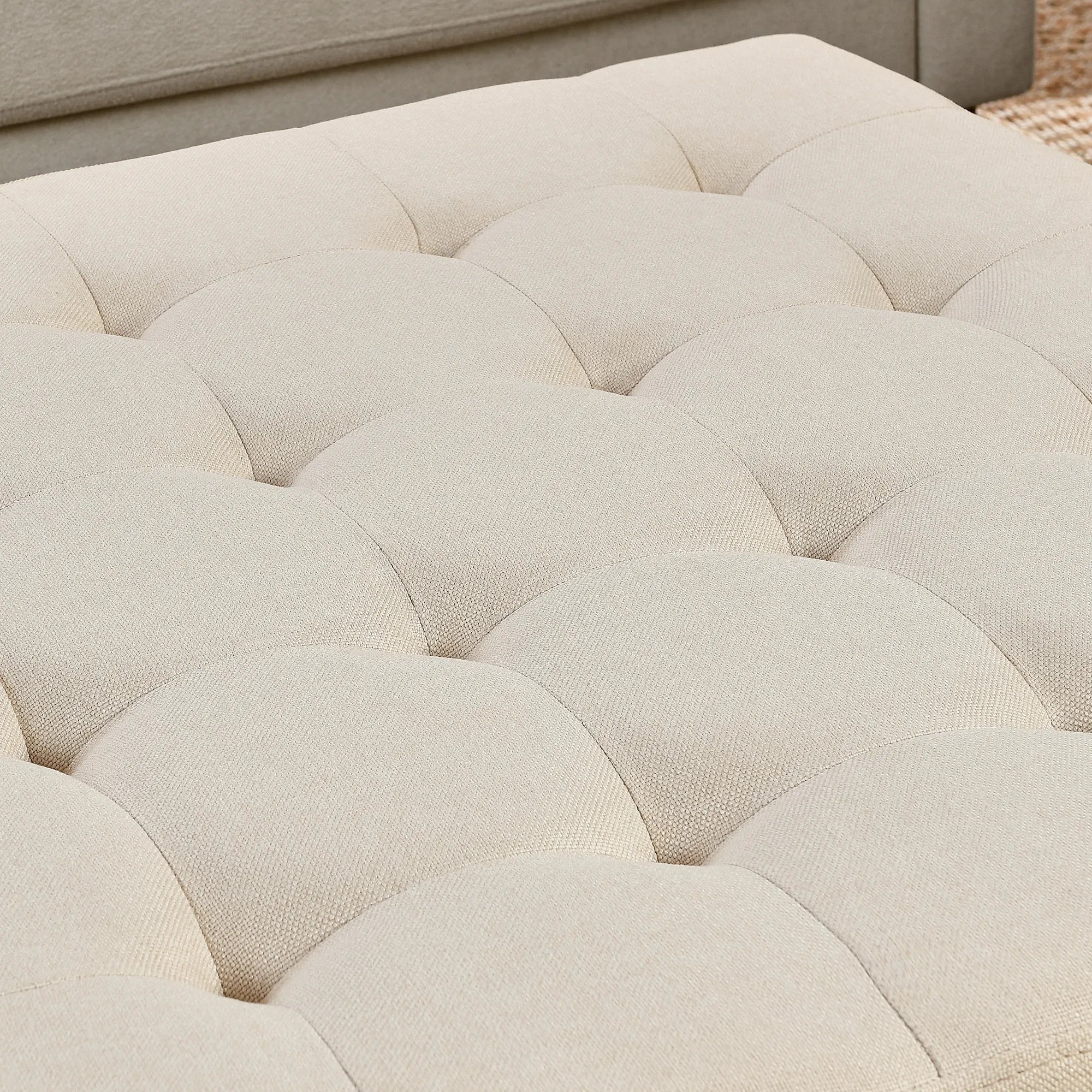Tufted Linen Upholstered Square Coffee Table with Beech Wood Storage Shelf