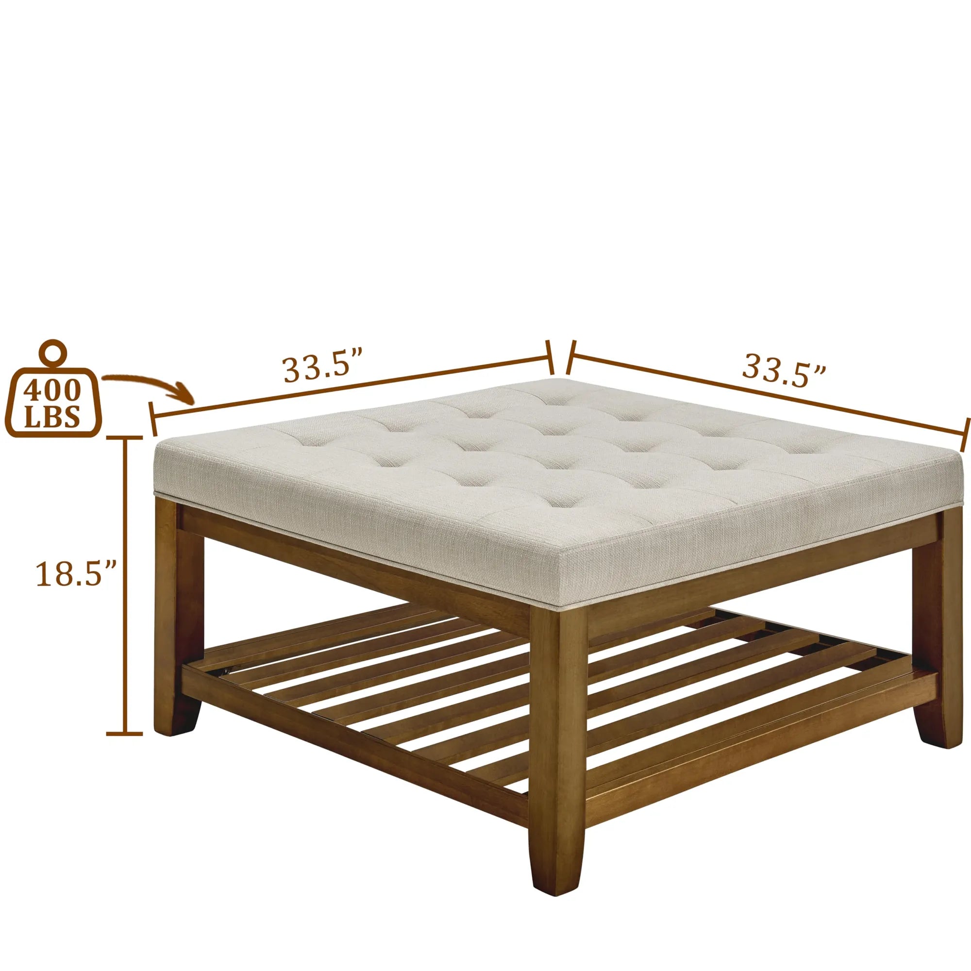 Tufted Linen Upholstered Square Coffee Table with Beech Wood Storage Shelf