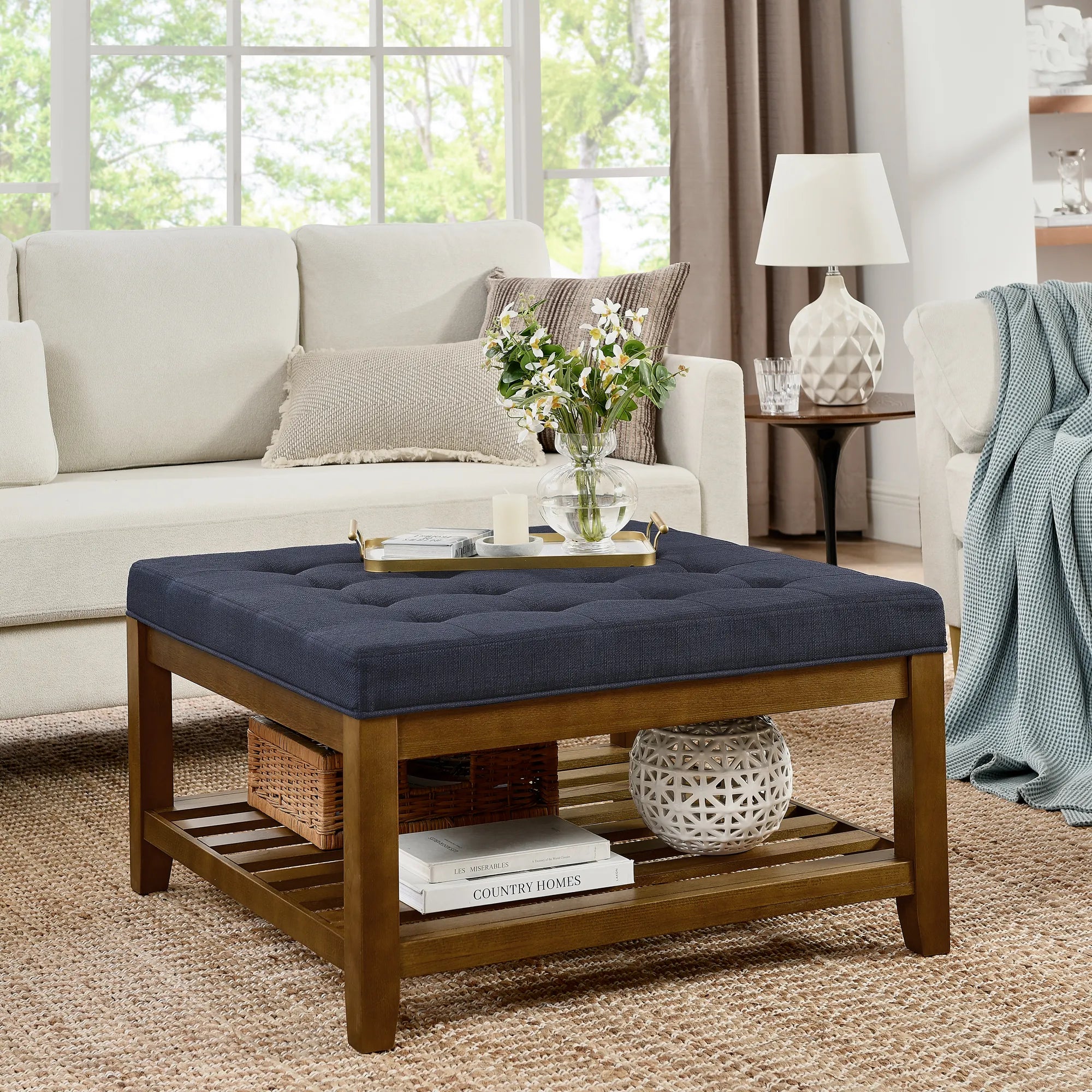 Tufted Linen Upholstered Square Coffee Table with Beech Wood Storage Shelf