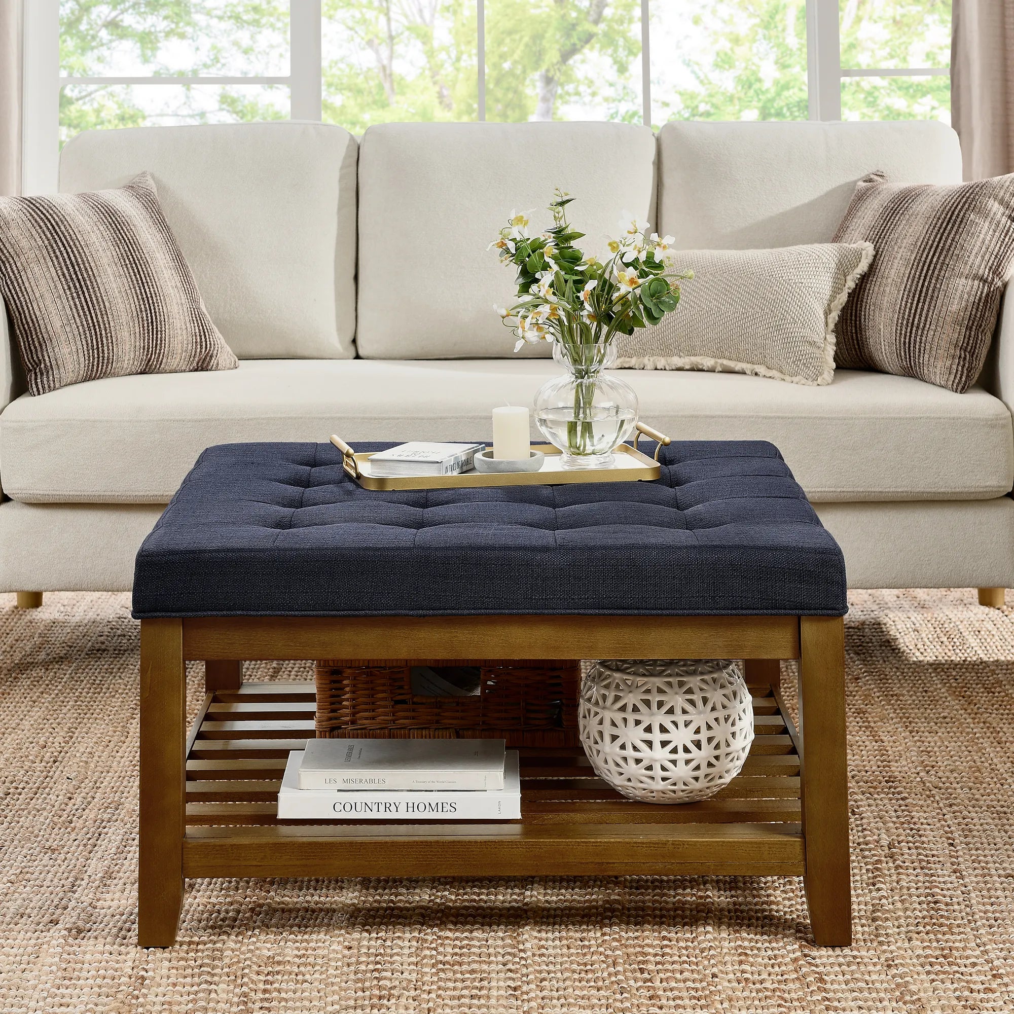 Tufted Linen Upholstered Square Coffee Table with Beech Wood Storage Shelf