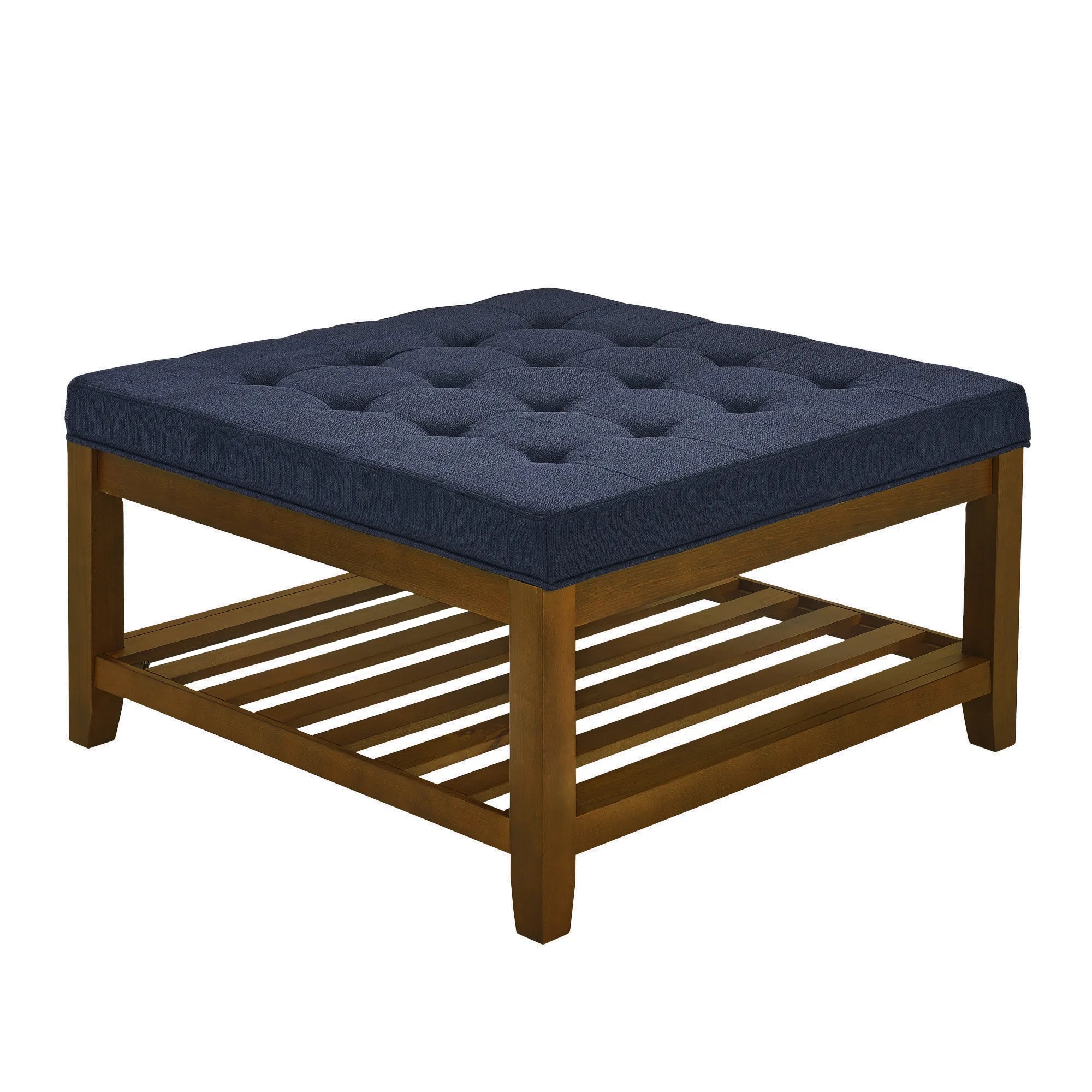 Tufted Linen Upholstered Square Coffee Table with Beech Wood Storage Shelf