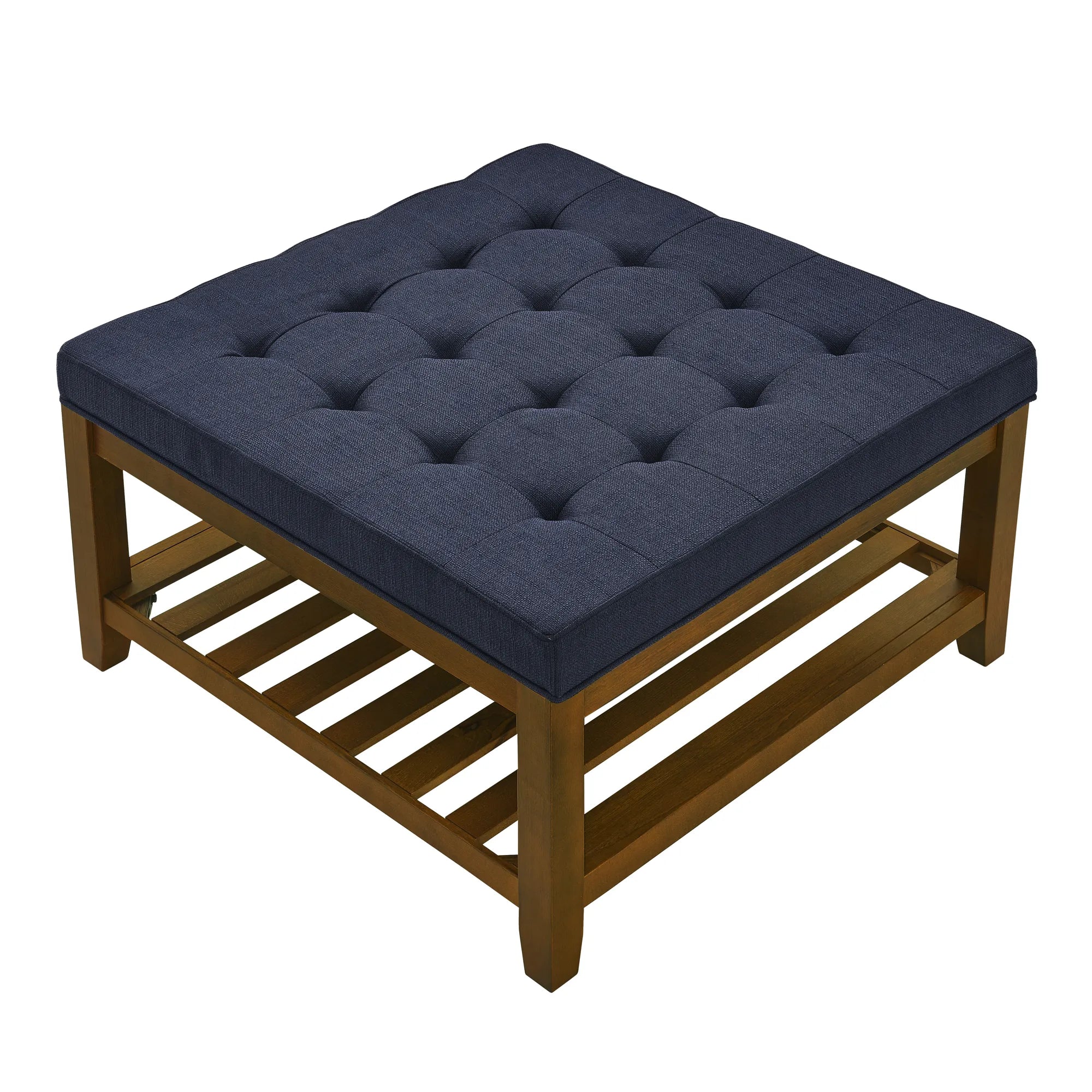 Tufted Linen Upholstered Square Coffee Table with Beech Wood Storage Shelf